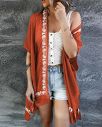 loose beach floral printed short sleeve cardigan