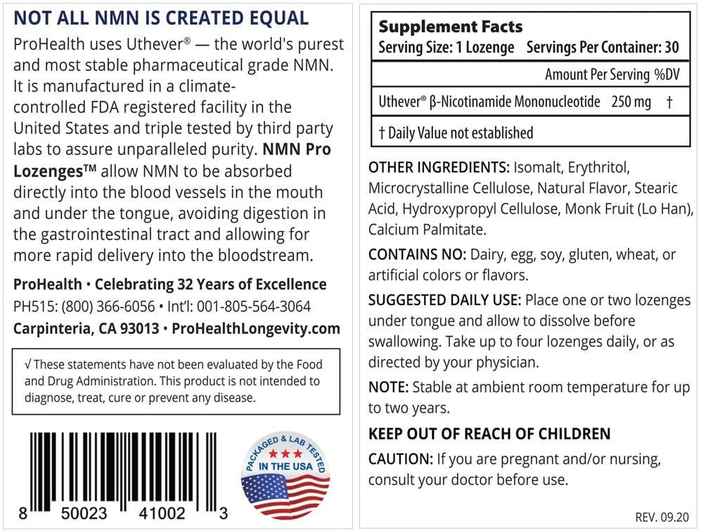 ProHealth Longevity NMN Pro Lozenges - Uthever Brand - World’s most trusted ultra-pure, stabilized, pharmaceutical grade NMN to boost NAD+, used in human clinical trials (250 mg, 30 lozenges) (6 pack)