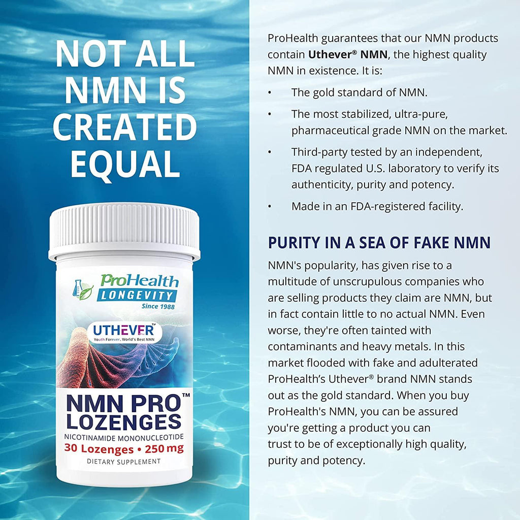 ProHealth Longevity NMN Pro Lozenges - Uthever Brand - World’s most trusted ultra-pure, stabilized, pharmaceutical grade NMN to boost NAD+, used in human clinical trials (250 mg, 30 lozenges) (6 pack)