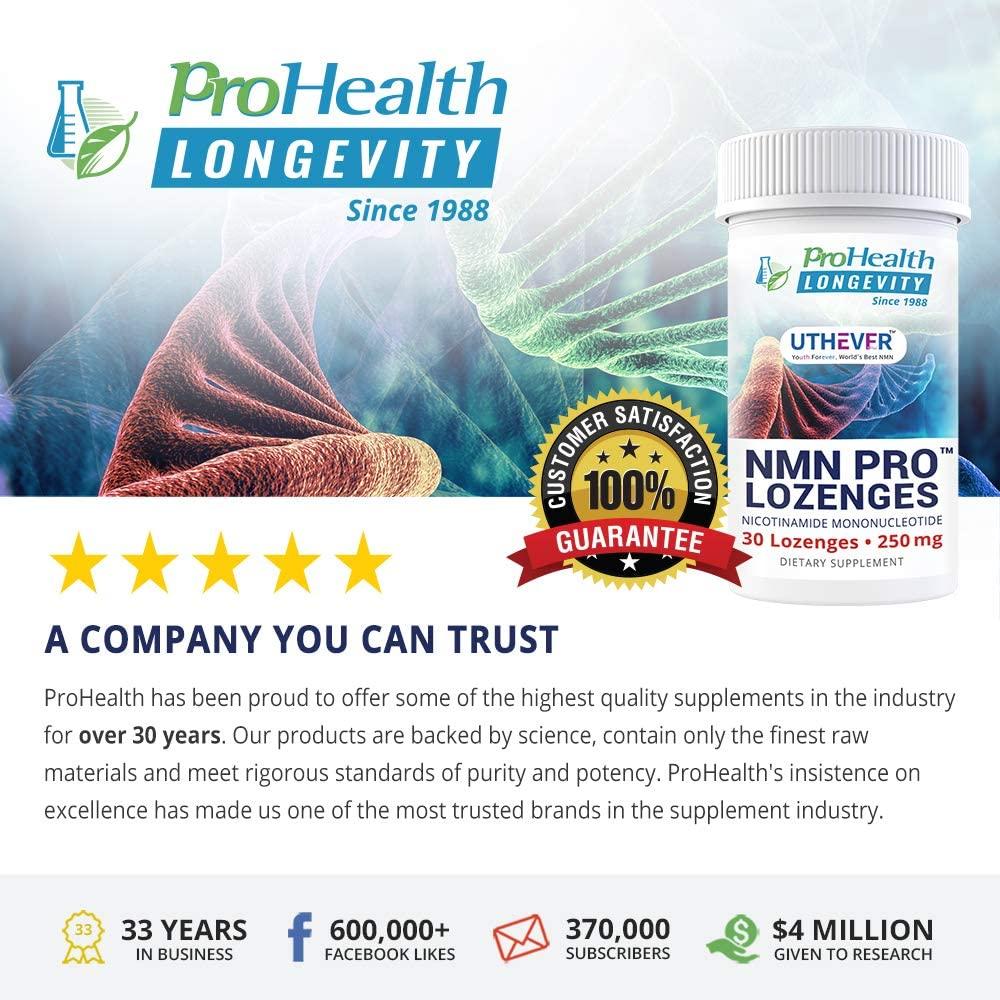 ProHealth Longevity NMN Pro Lozenges - Uthever Brand - World’s most trusted ultra-pure, stabilized, pharmaceutical grade NMN to boost NAD+, used in human clinical trials (250 mg, 30 lozenges) (6 pack)