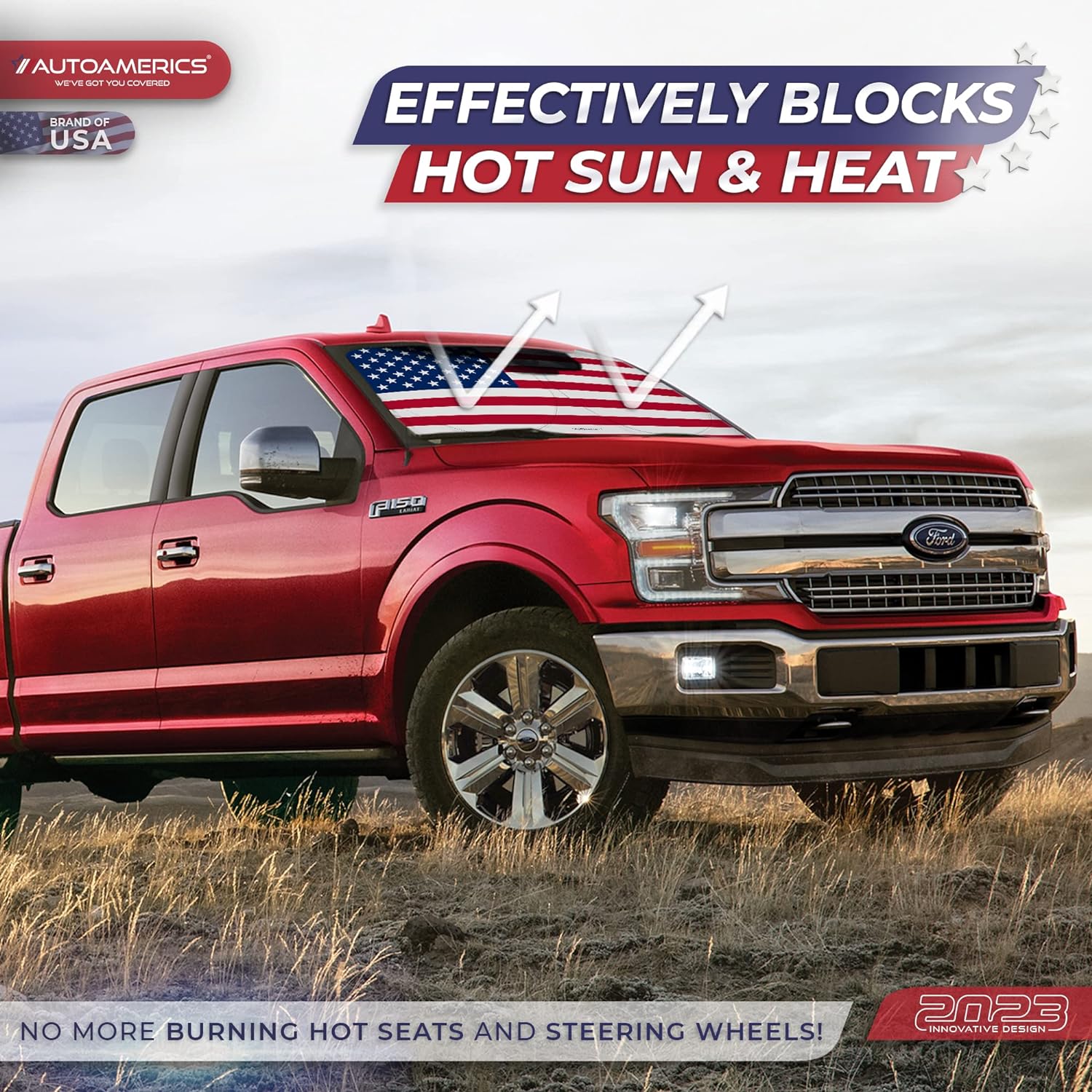 Autoamerics 1-Piece Windshield Sun Shade Original American Flag USA Patriotic  - Foldable Car Front Window Sunshade for Sedans SUV Truck - Blocks Max UV Rays and Keeps Your Vehicle Cool - Large