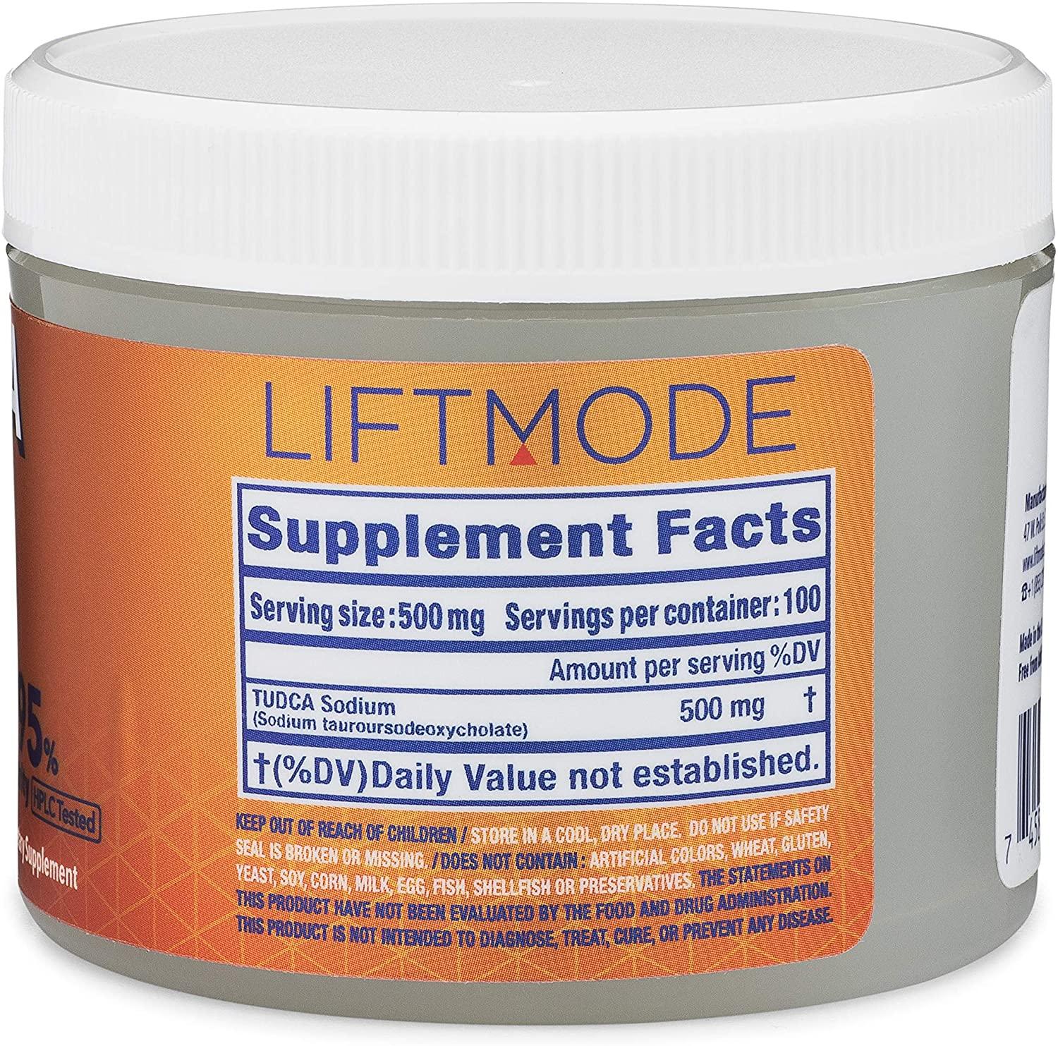 LiftMode TUDCA Sodium (Tauroursodeoxycholic Acid, Taurine-UDCA) Powder Supplement - for Liver Support & Gut Health - Fat Burner - Vegetarian, Vegan, Non-GMO, Gluten Free - 50 Grams (100 Servings)