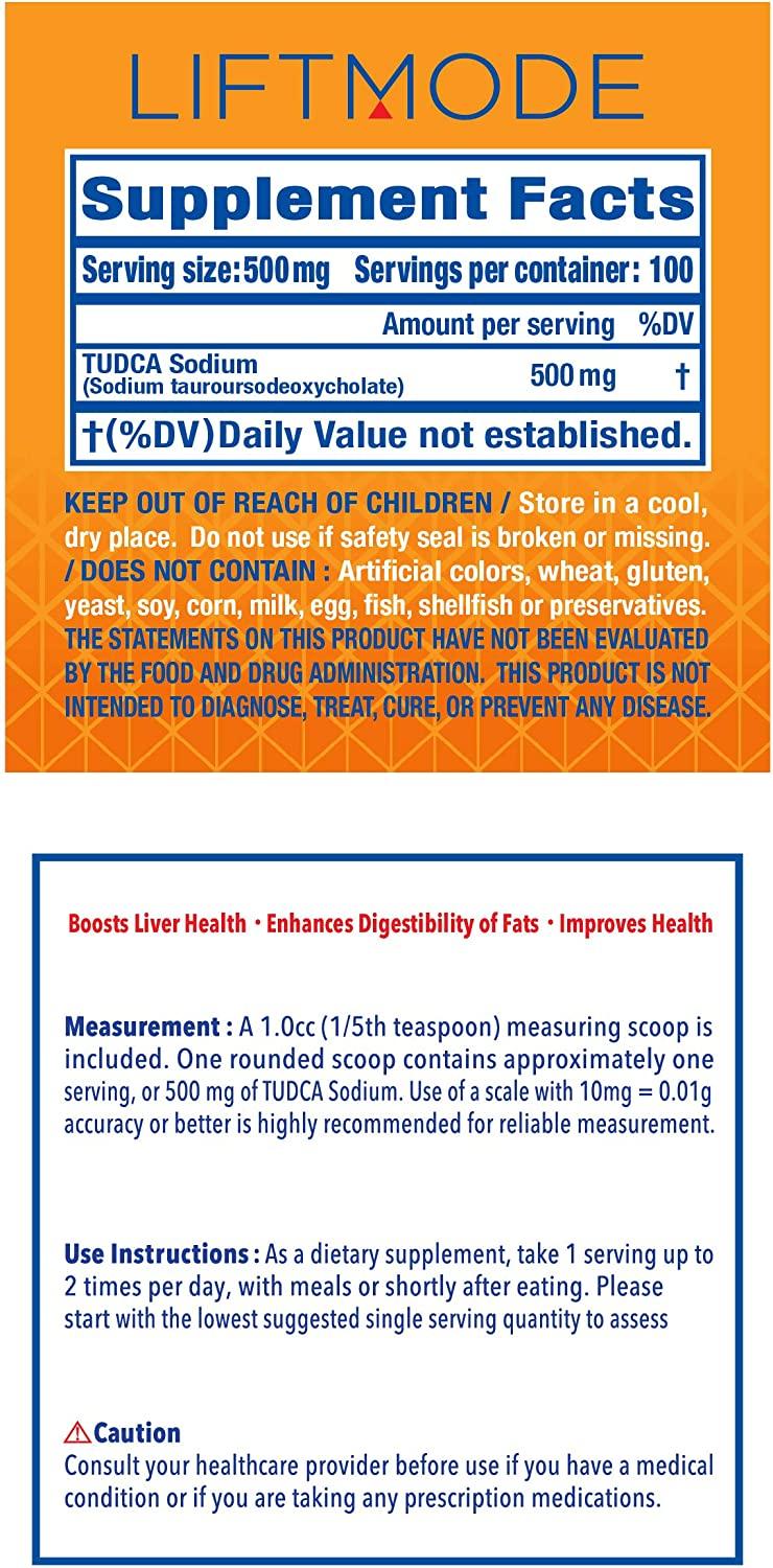 LiftMode TUDCA Sodium (Tauroursodeoxycholic Acid, Taurine-UDCA) Powder Supplement - for Liver Support & Gut Health - Fat Burner - Vegetarian, Vegan, Non-GMO, Gluten Free - 50 Grams (100 Servings)