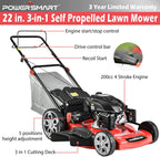 PowerSmart Self Propelled Lawn Mower, 22 Inch Lawn Mower Self-propelled, 200CC 4-Stroke Engine, 3 in 1 Gas Lawn Mower with Bag, 5 Cutting Heights Adjustable (1.2''-3.5'')