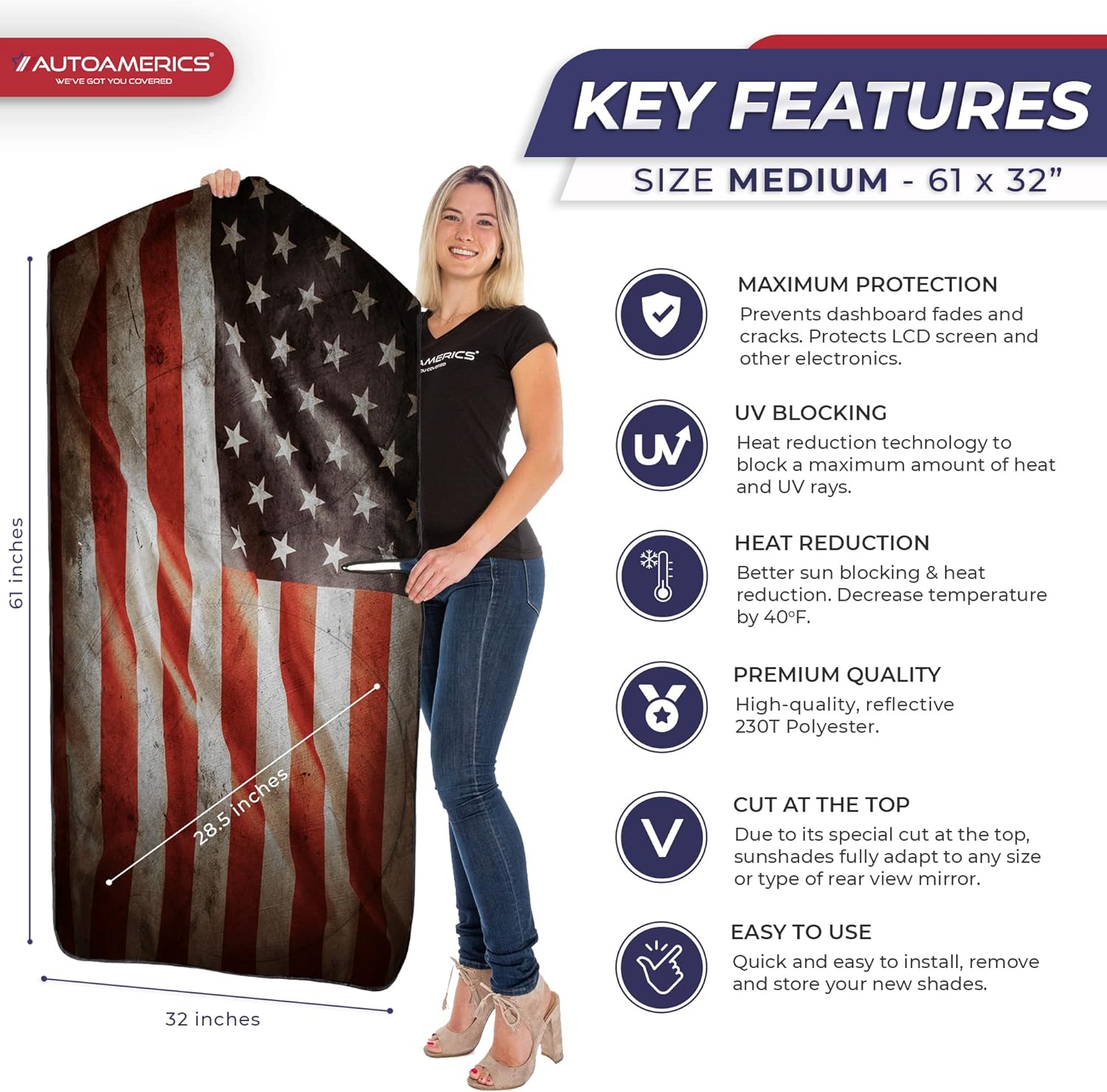 Autoamerics 1-Piece Windshield Sun Shade Grunge American Flag - 1 USA  - Foldable Car Front Window Sunshade for Most Sedans SUV Truck - Blocks Max UV Rays and Keeps Your Vehicle Cool - Medium