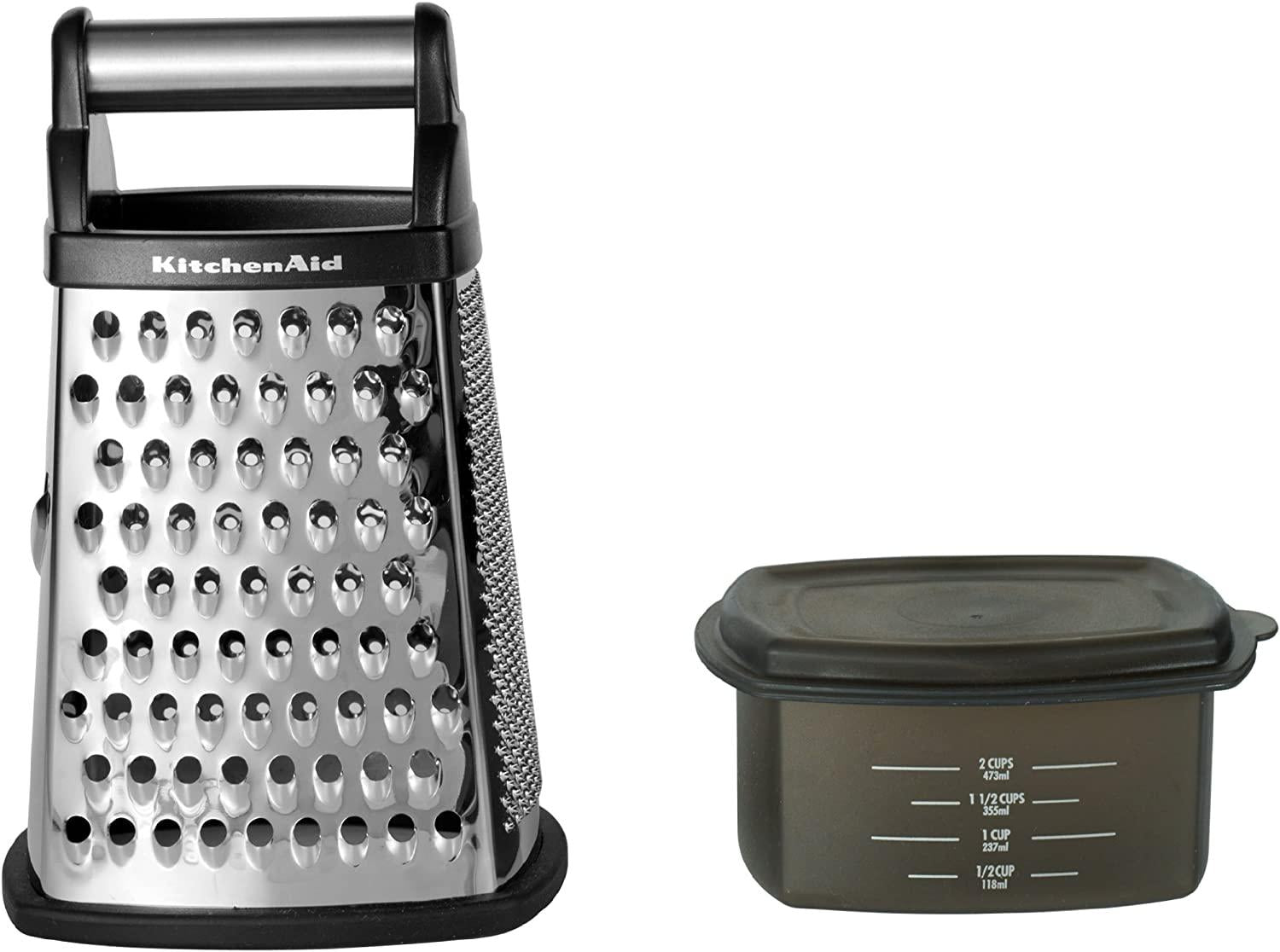 KitchenAid Gourmet 4-Sided Stainless Steel Box Grater with Detachable Storage Container, 10 inches tall, Black