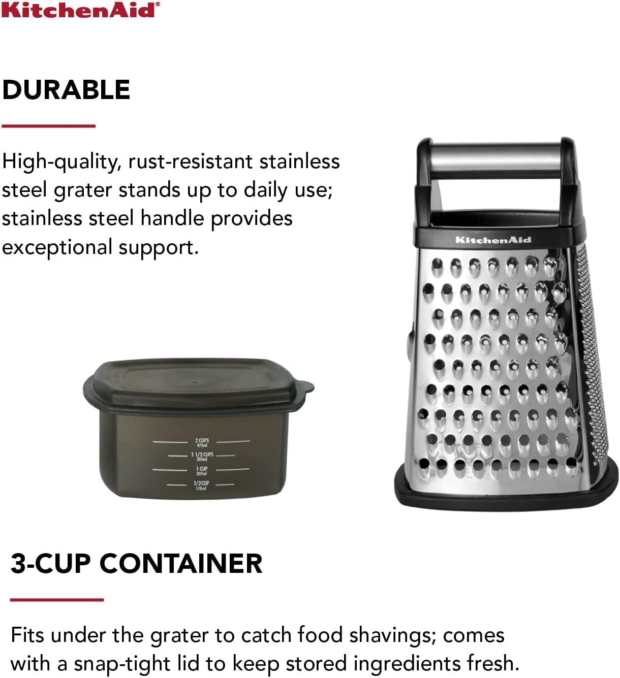 KitchenAid Gourmet 4-Sided Stainless Steel Box Grater with Detachable Storage Container, 10 inches tall, Black