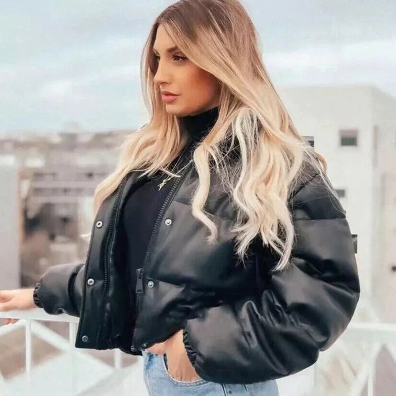 PU leather quilted jacket for women
