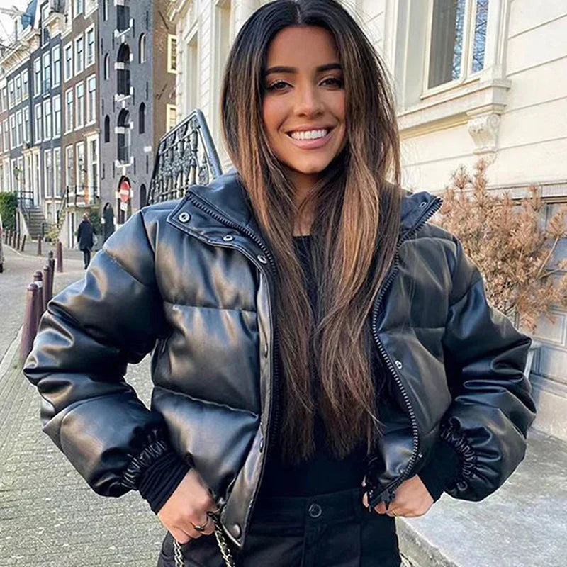 PU leather quilted jacket for women