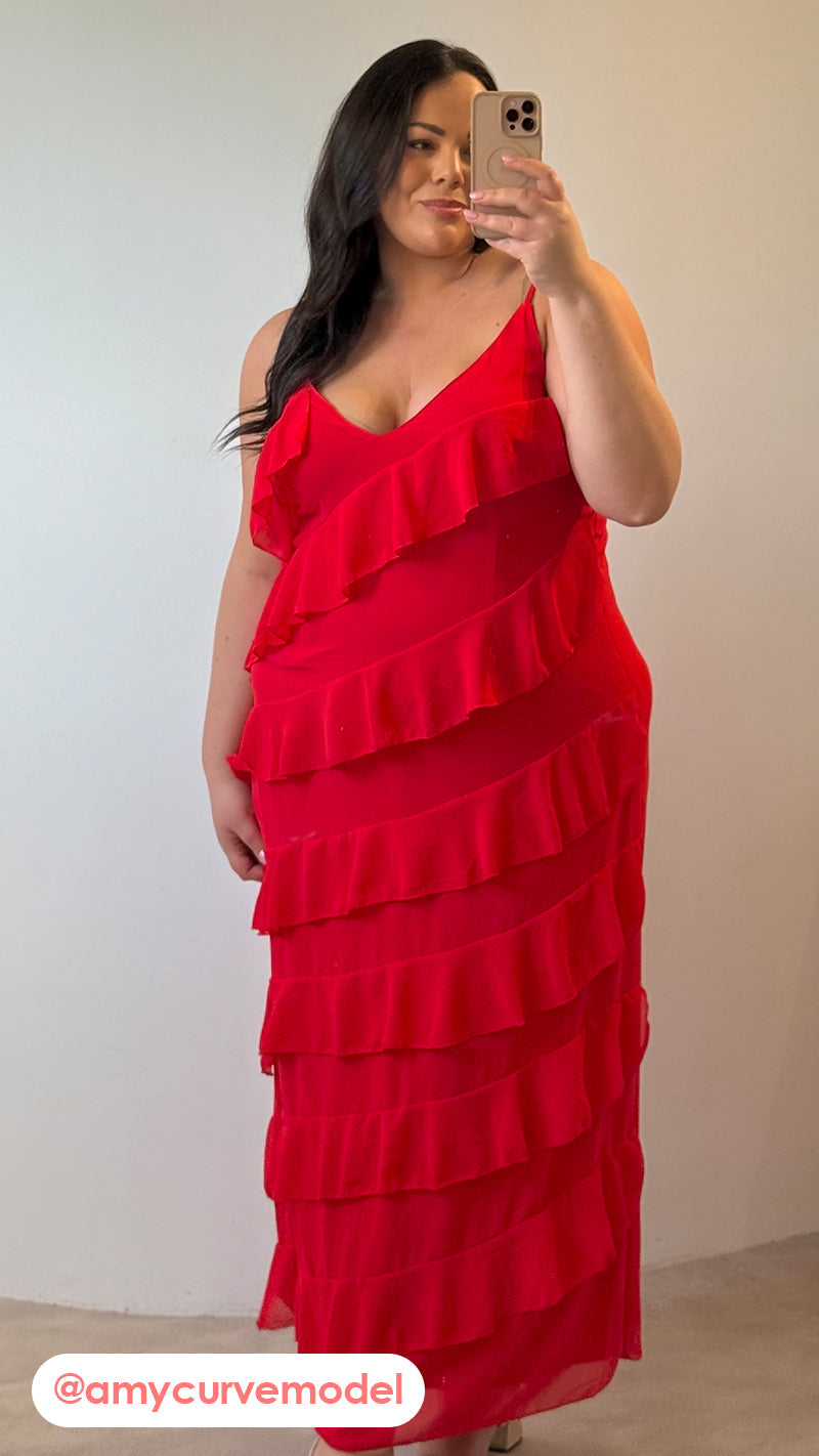 CurveWow Ruffle Tiered Maxi Dress Red