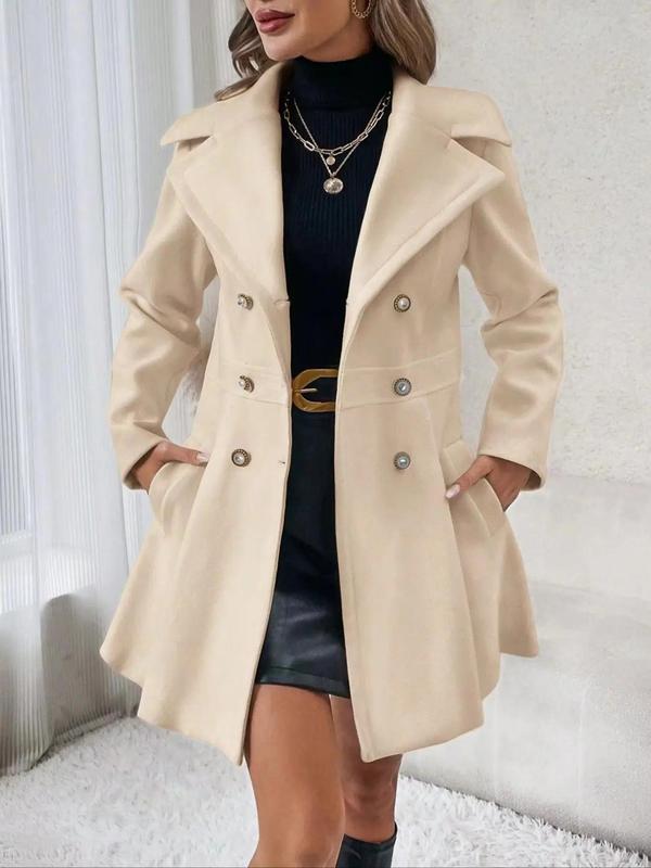 Women's Solid Double Button Pocket Overcoat, Casual Long Sleeve Lapel Neck Outerwear for Fall & Winter, Women's Clothes for Daily Wear, Clothing for Women, Cute Tops