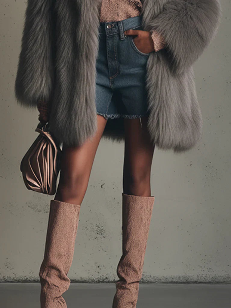 Gray Faux Fox Fur Eco Friendly Long Sleeve Jacket