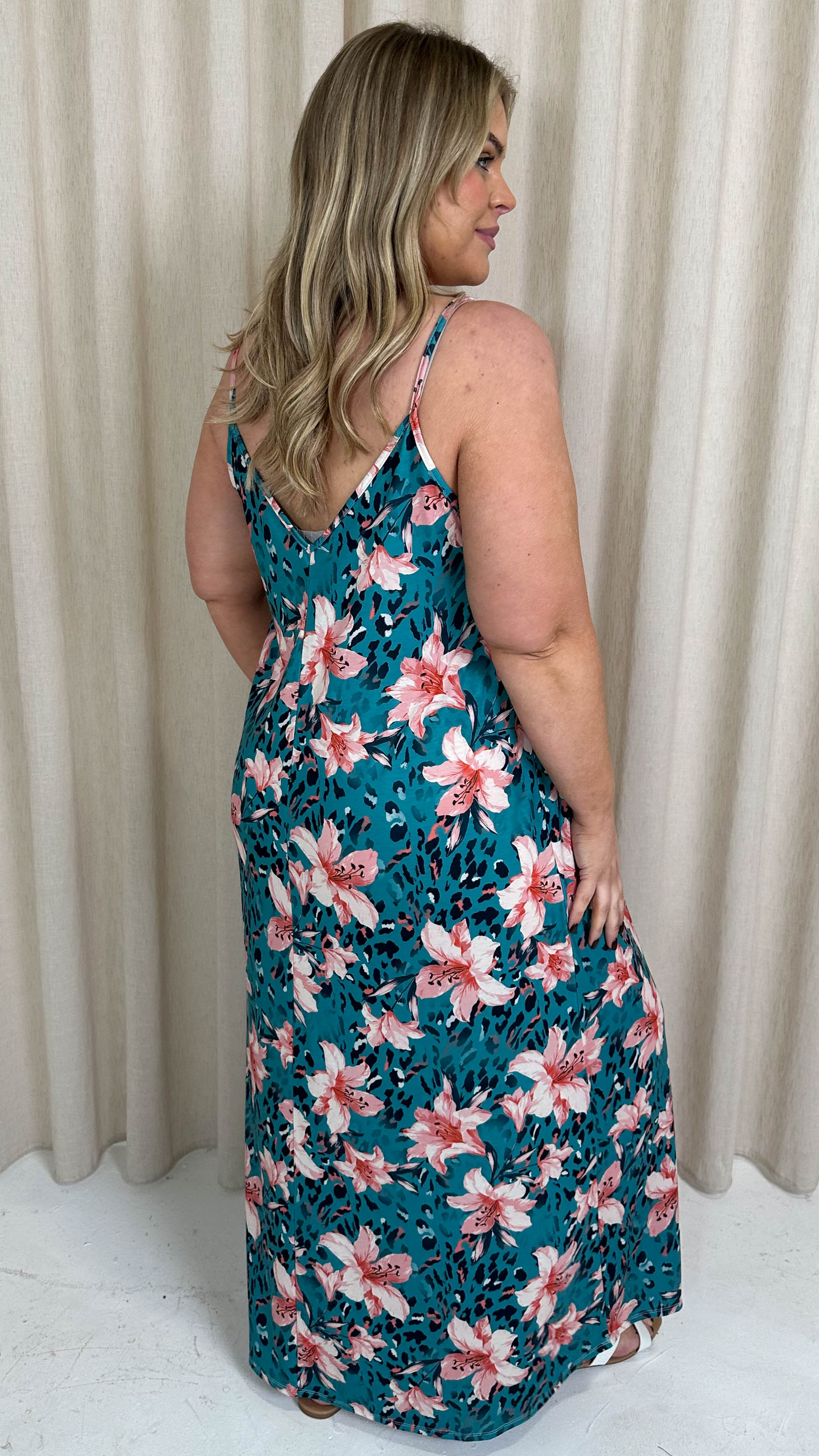 CurveWow Printed Tie Front Maxi Dress Teal Animal Floral
