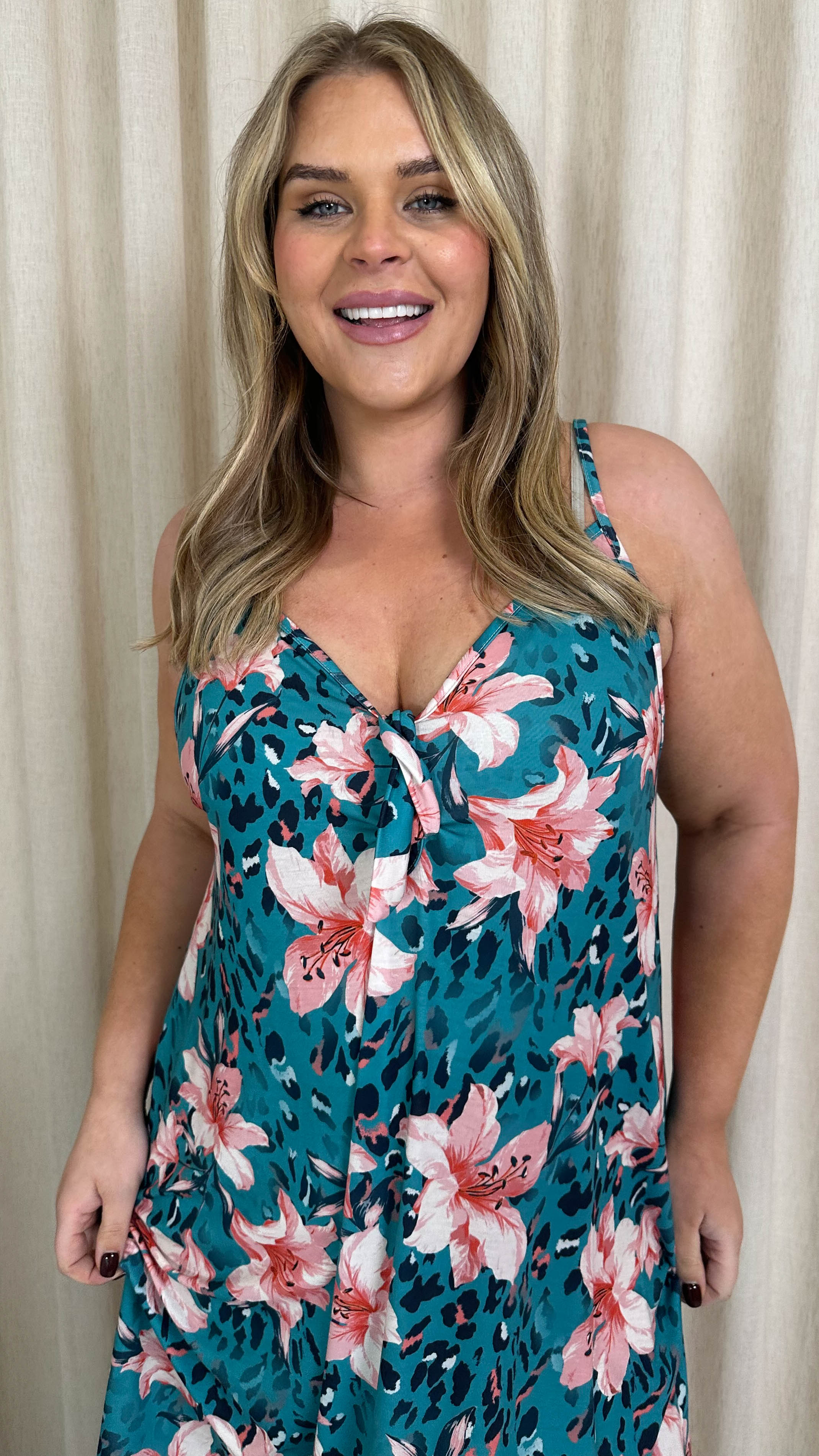 CurveWow Printed Tie Front Maxi Dress Teal Animal Floral