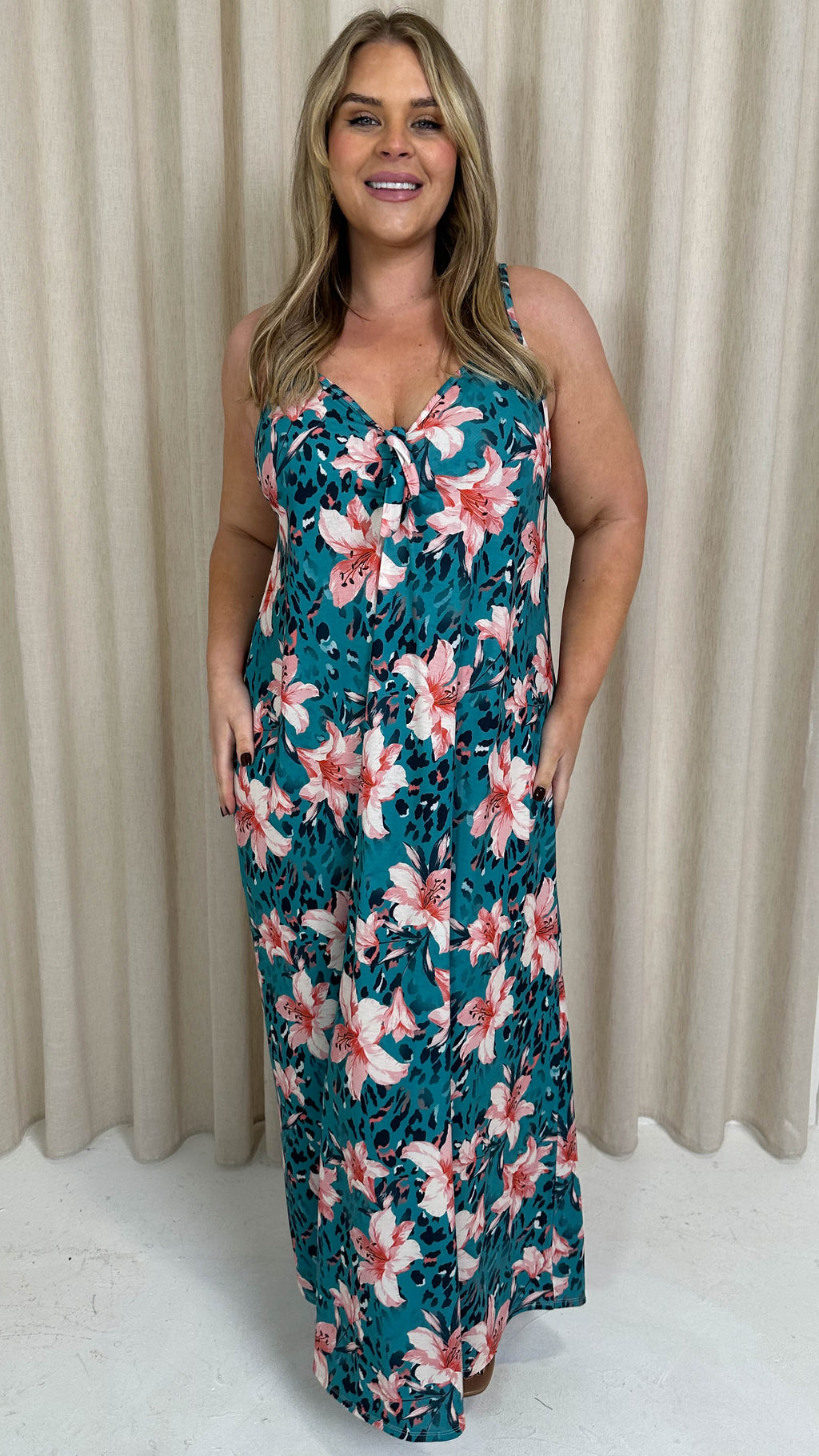 CurveWow Printed Tie Front Maxi Dress Teal Animal Floral