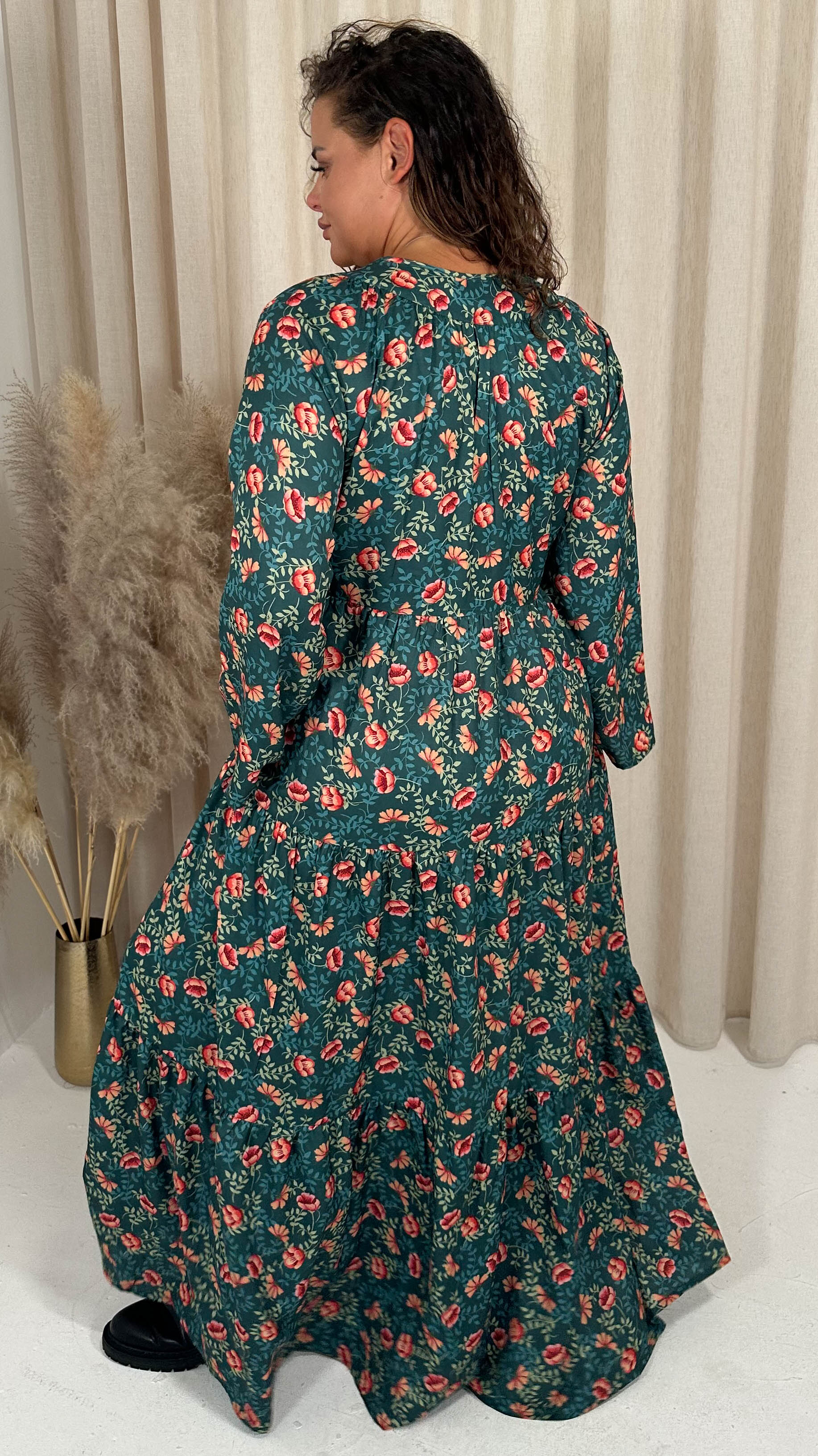 CurveWow Tassel Tiered Maxi Dress Green Floral