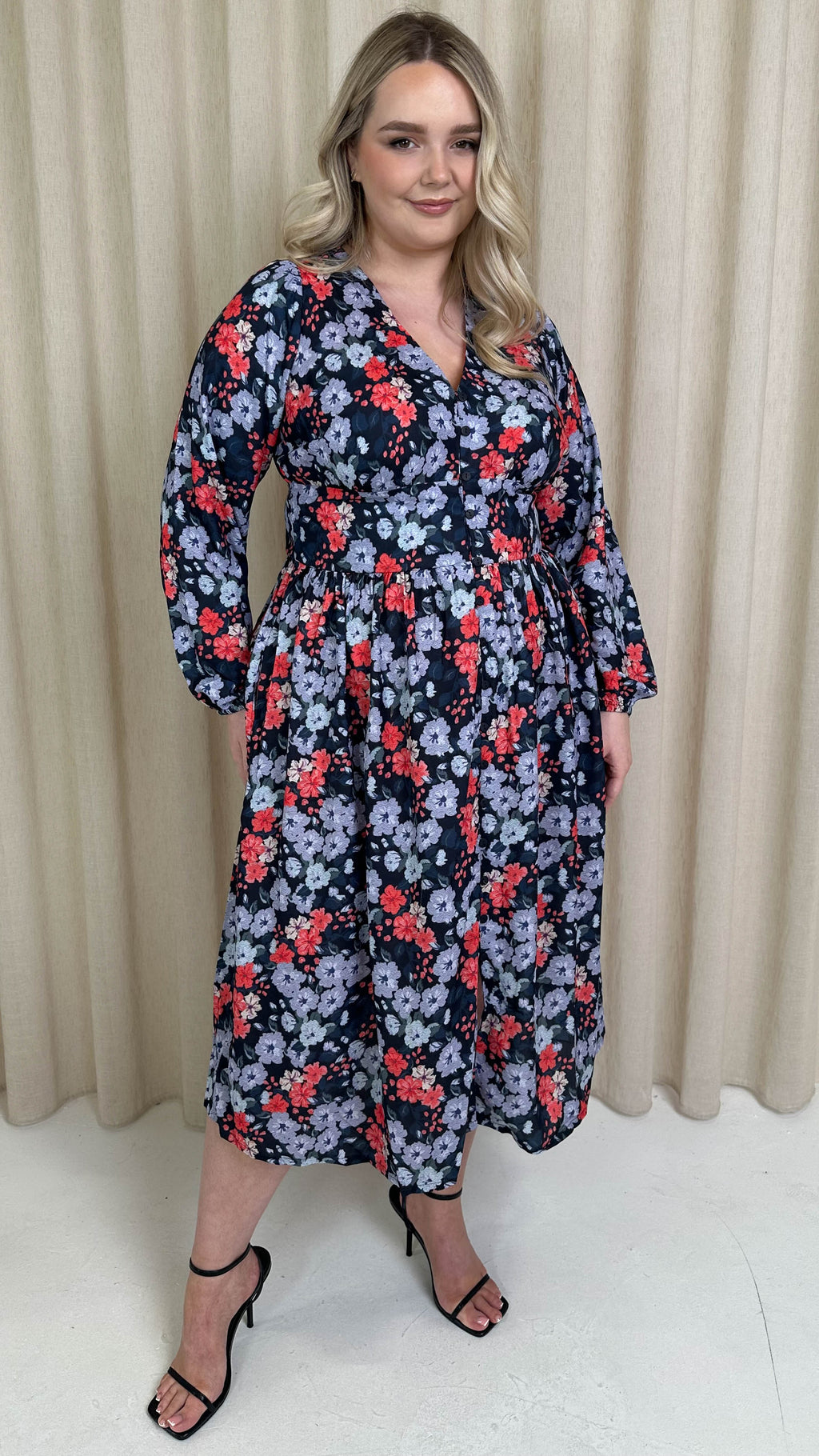 CurveWow Printed Button Front Midi Dress Blue/Red Floral