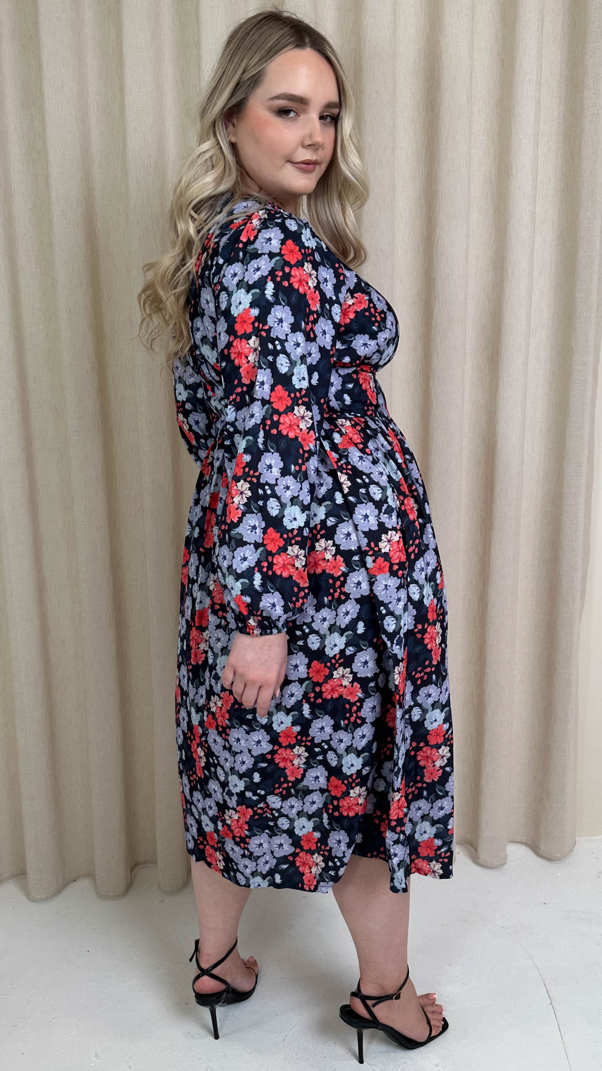 CurveWow Printed Button Front Midi Dress Blue/Red Floral