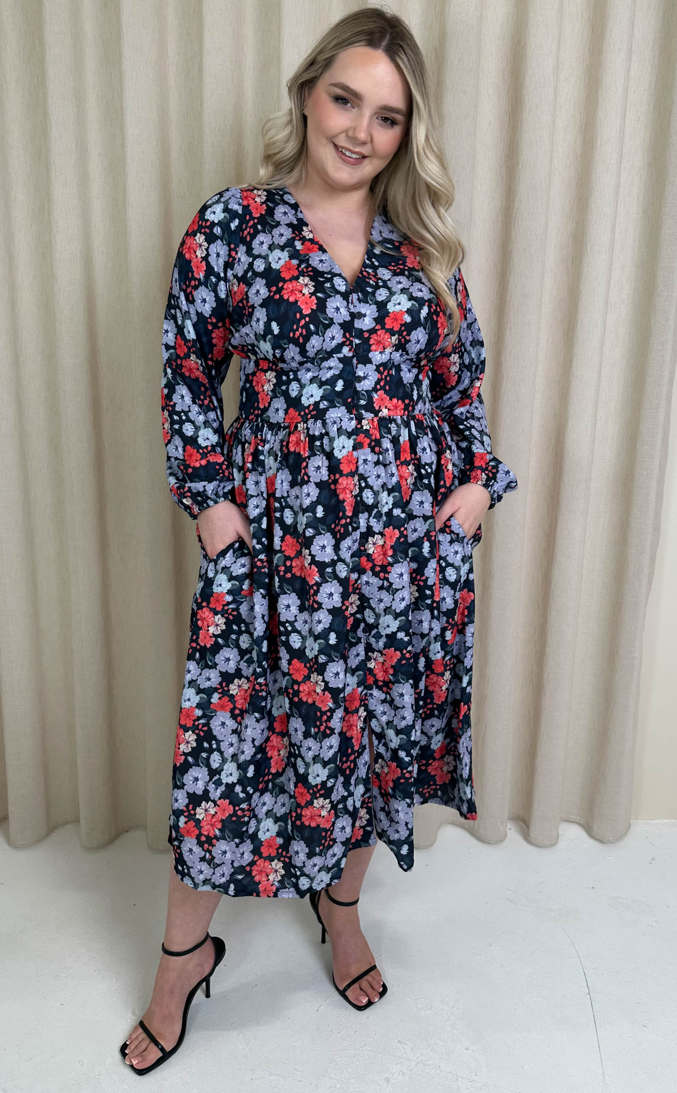 CurveWow Printed Button Front Midi Dress Blue/Red Floral