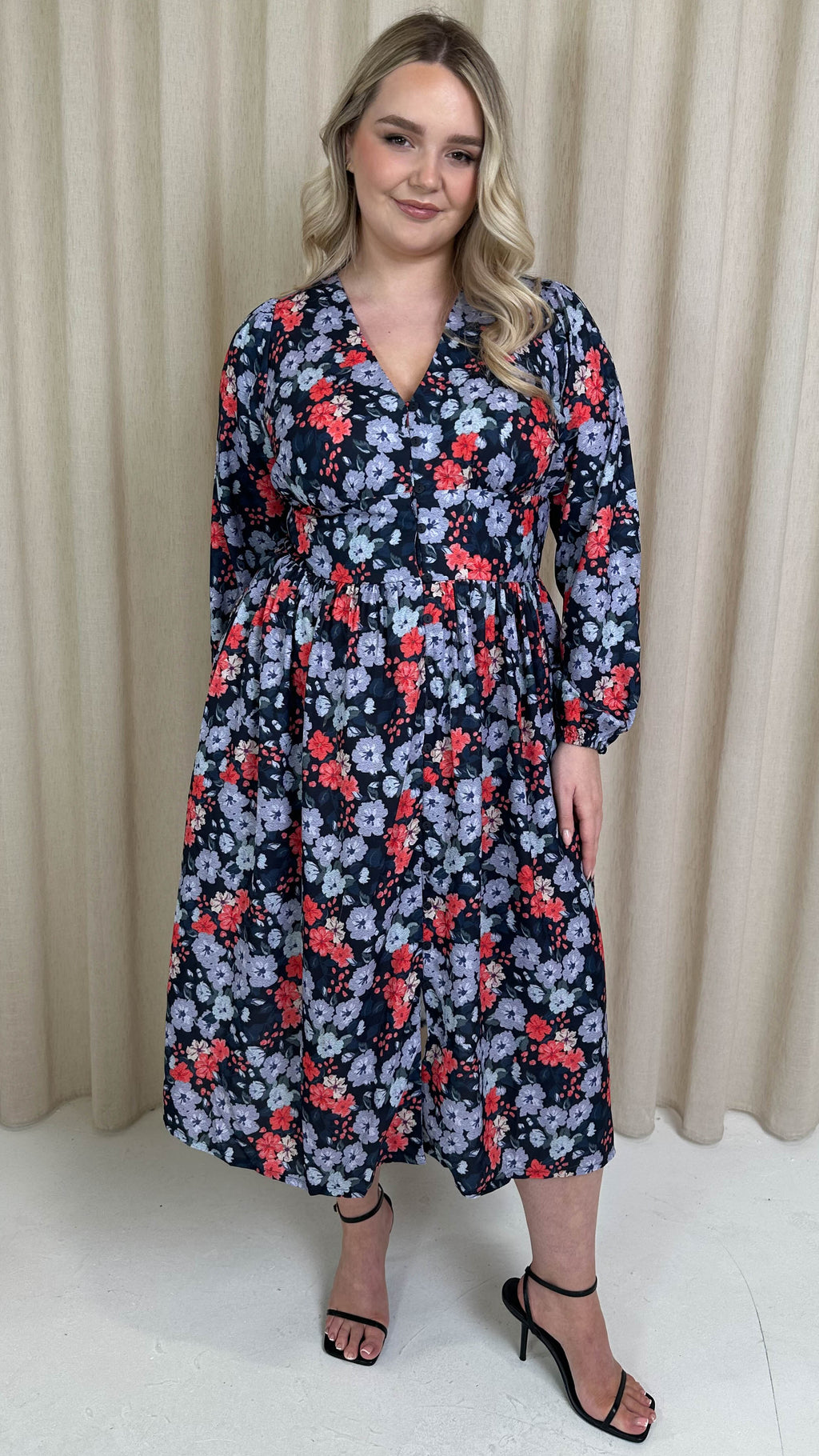 CurveWow Printed Button Front Midi Dress Blue/Red Floral