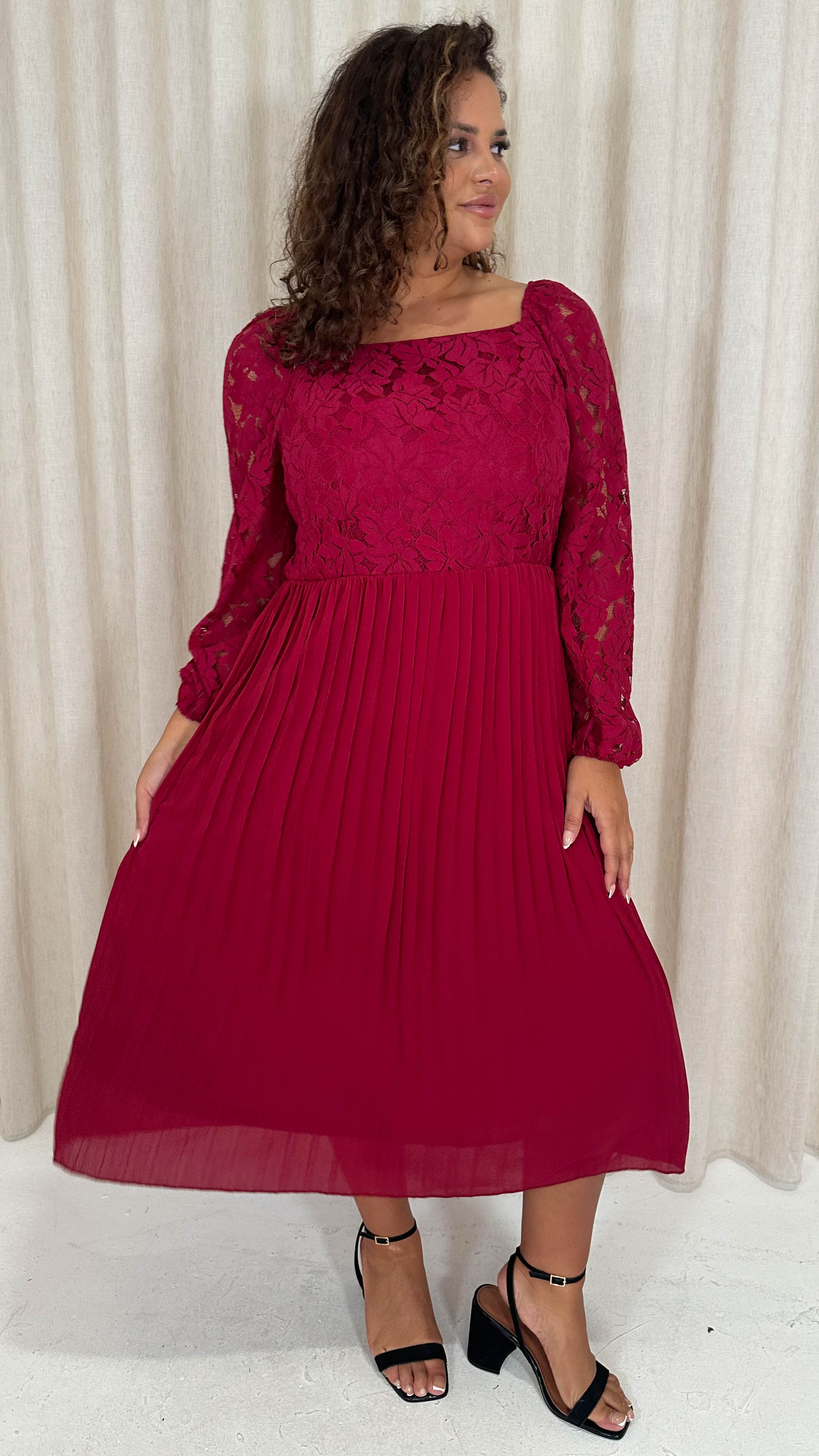 CurveWow Square Neck Lace Top Pleated Dress Wine