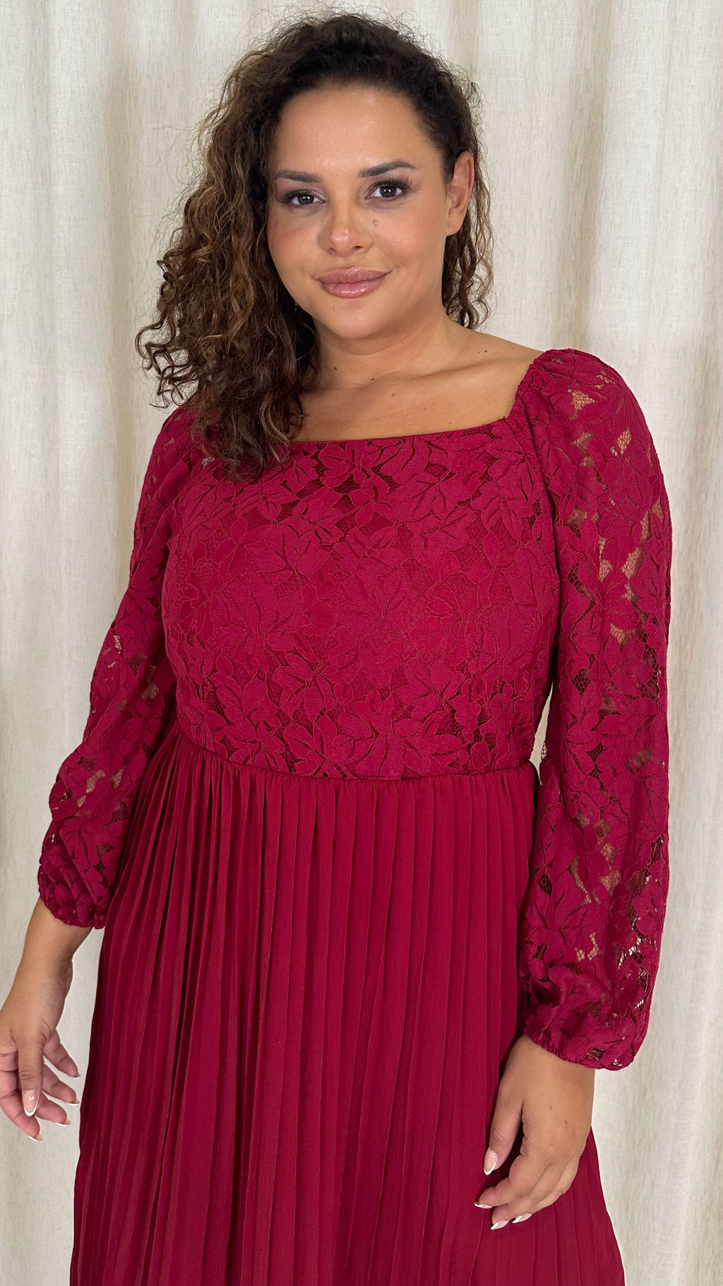 CurveWow Square Neck Lace Top Pleated Dress Wine