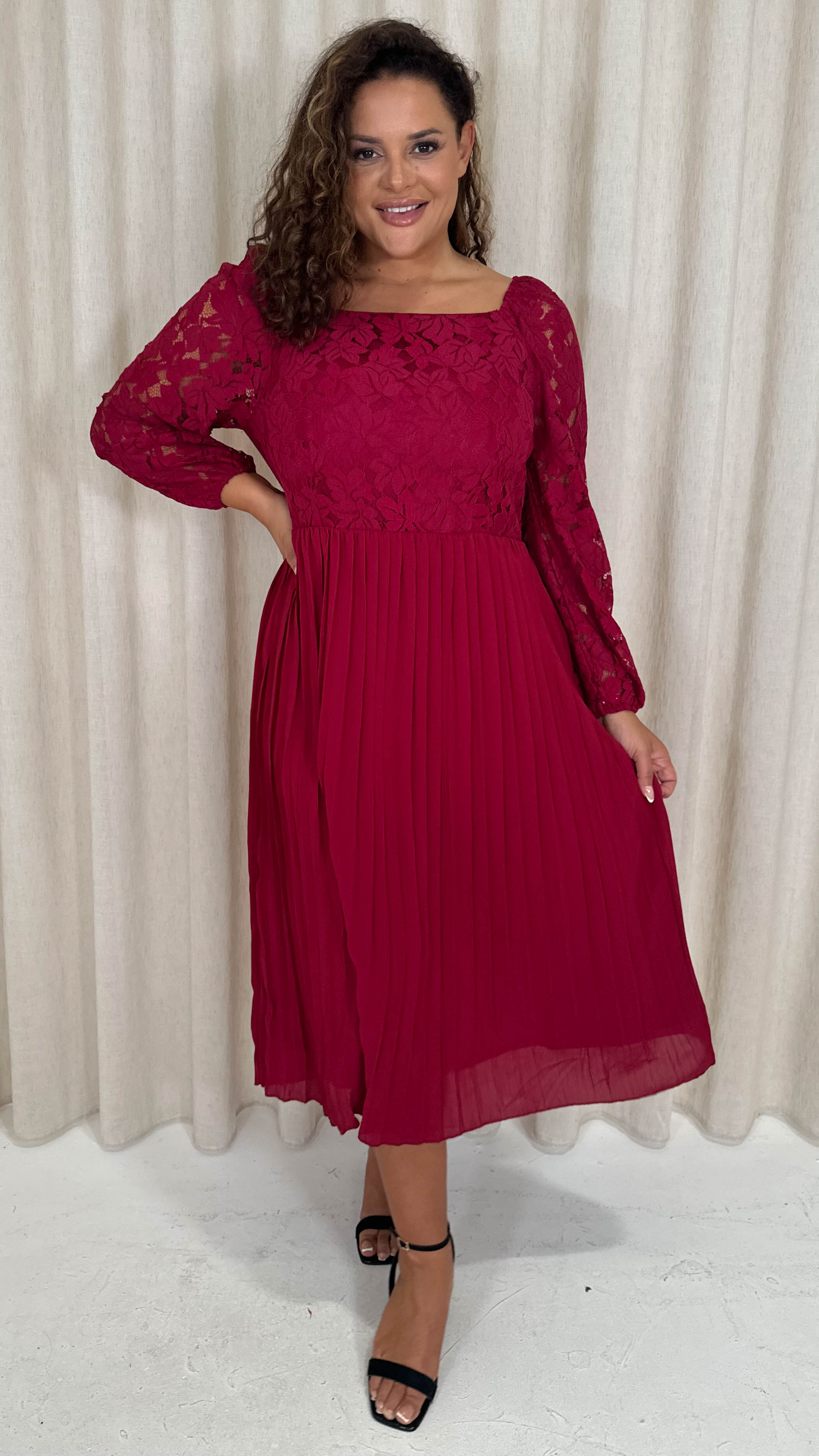CurveWow Square Neck Lace Top Pleated Dress Wine