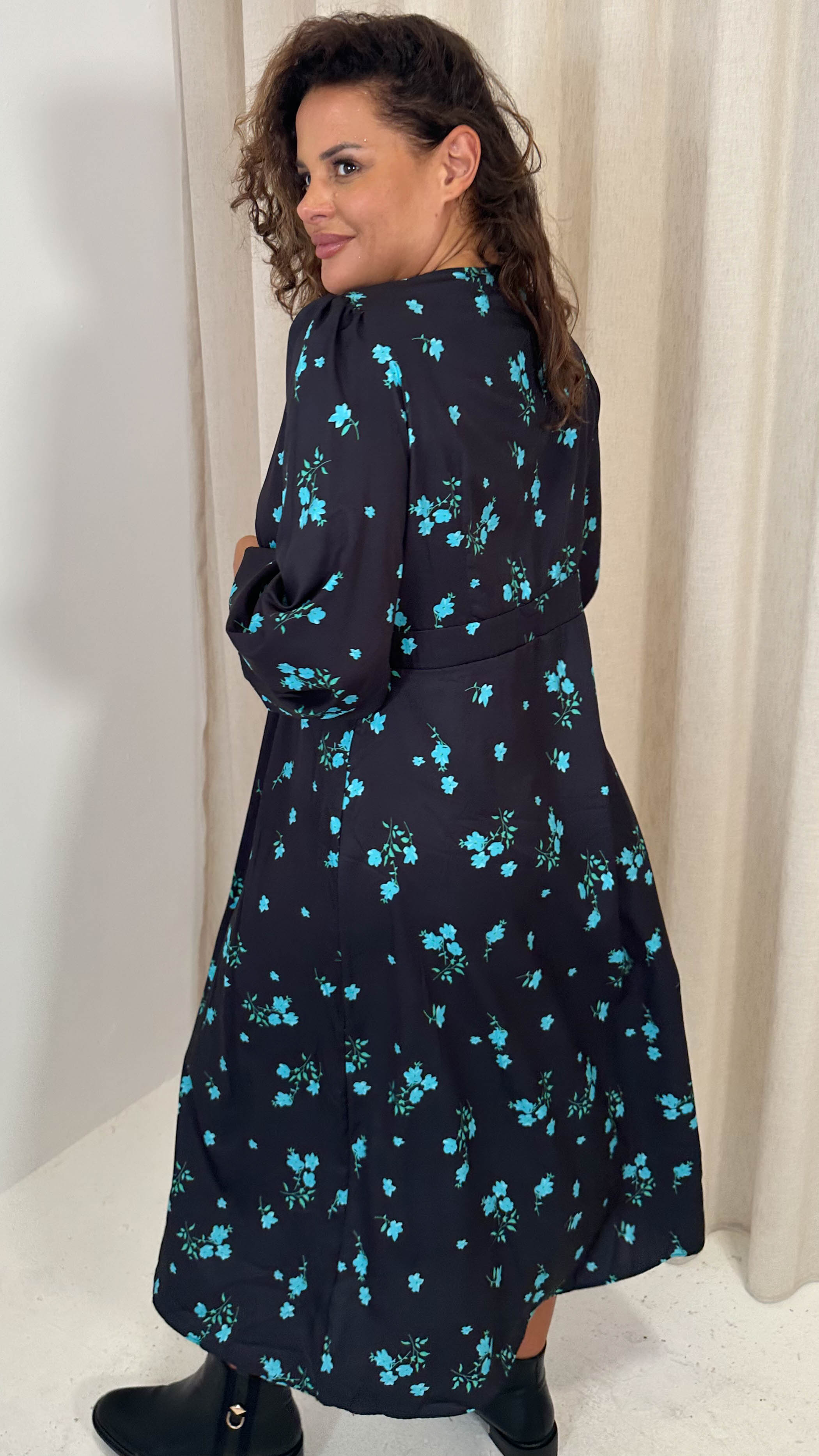 CurveWow Button Front Dress Black Blue Floral