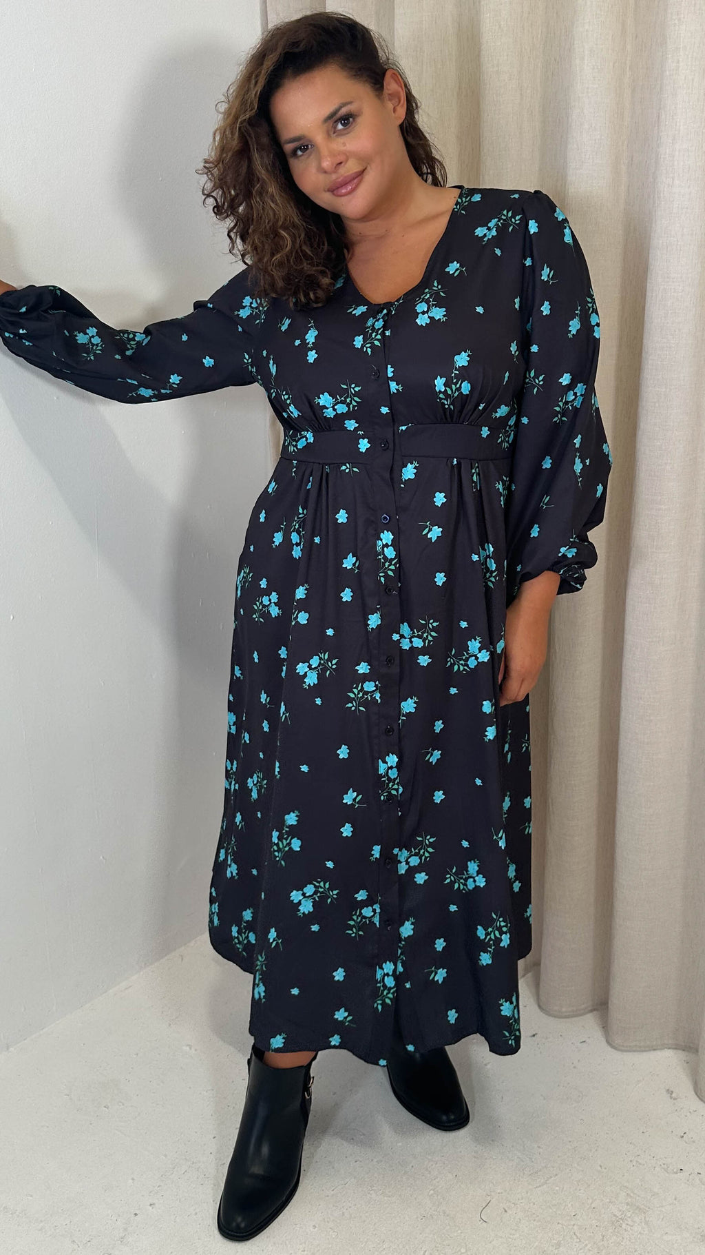 CurveWow Button Front Dress Black Blue Floral