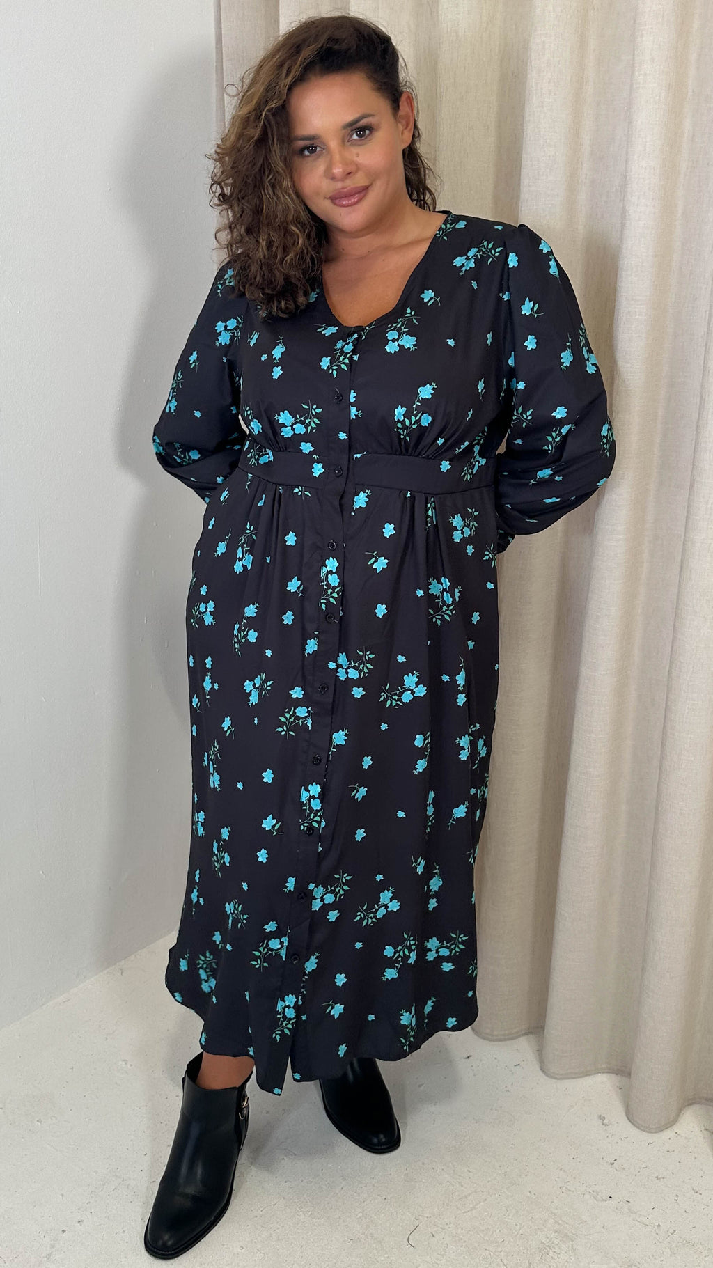 CurveWow Button Front Dress Black Blue Floral