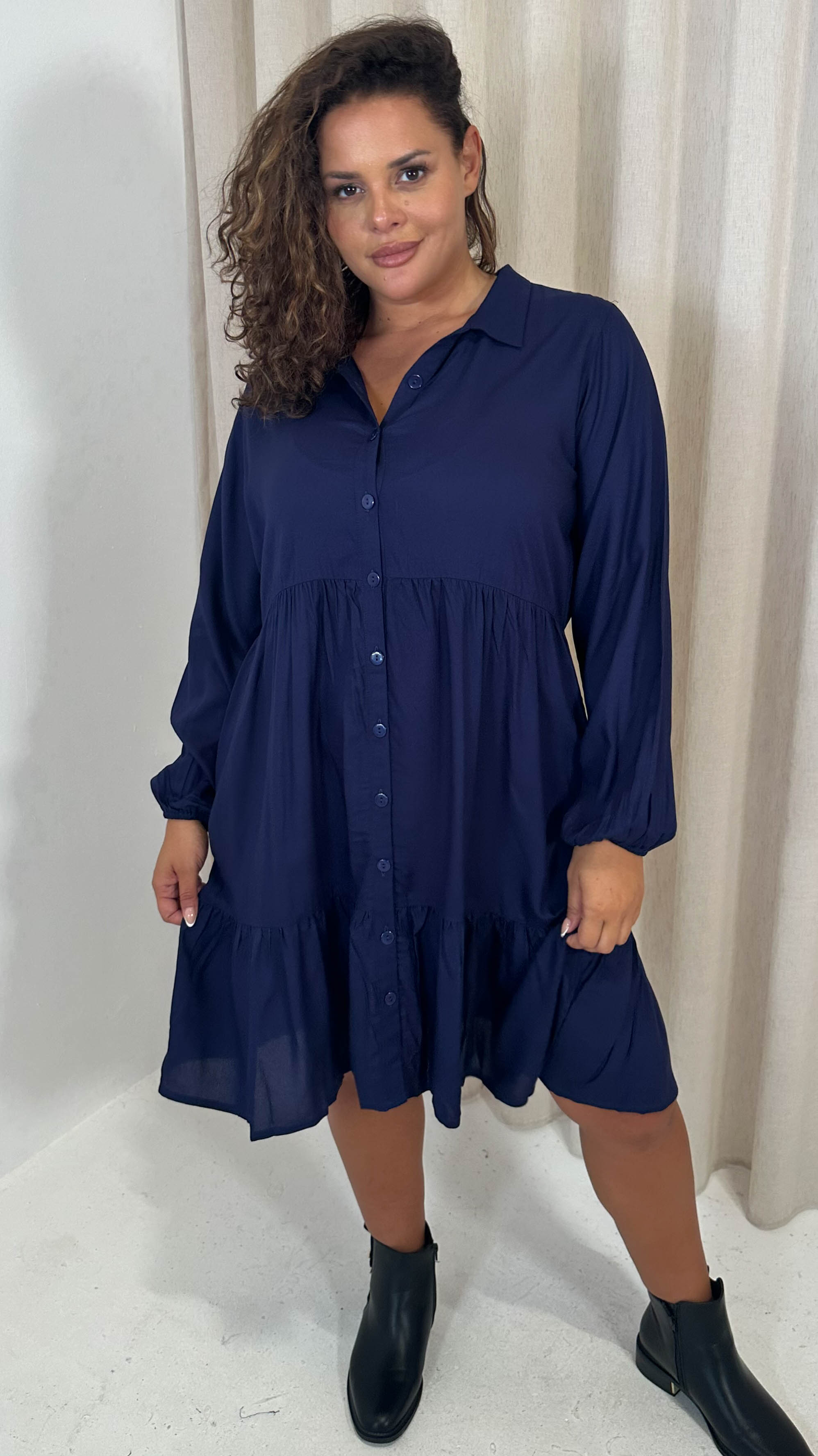 CurveWow Tiered Cargo Shirt Dress Navy