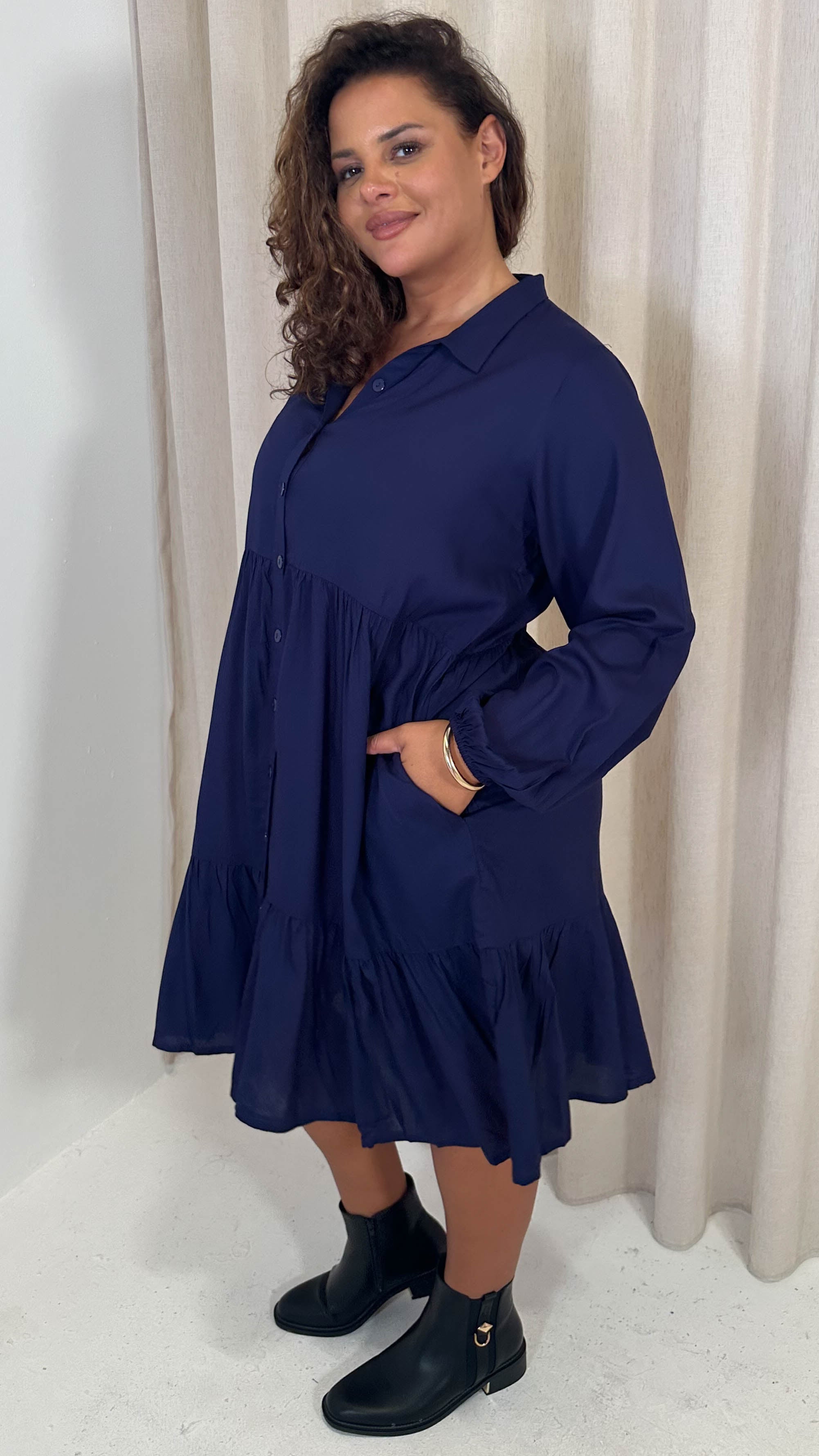CurveWow Tiered Cargo Shirt Dress Navy