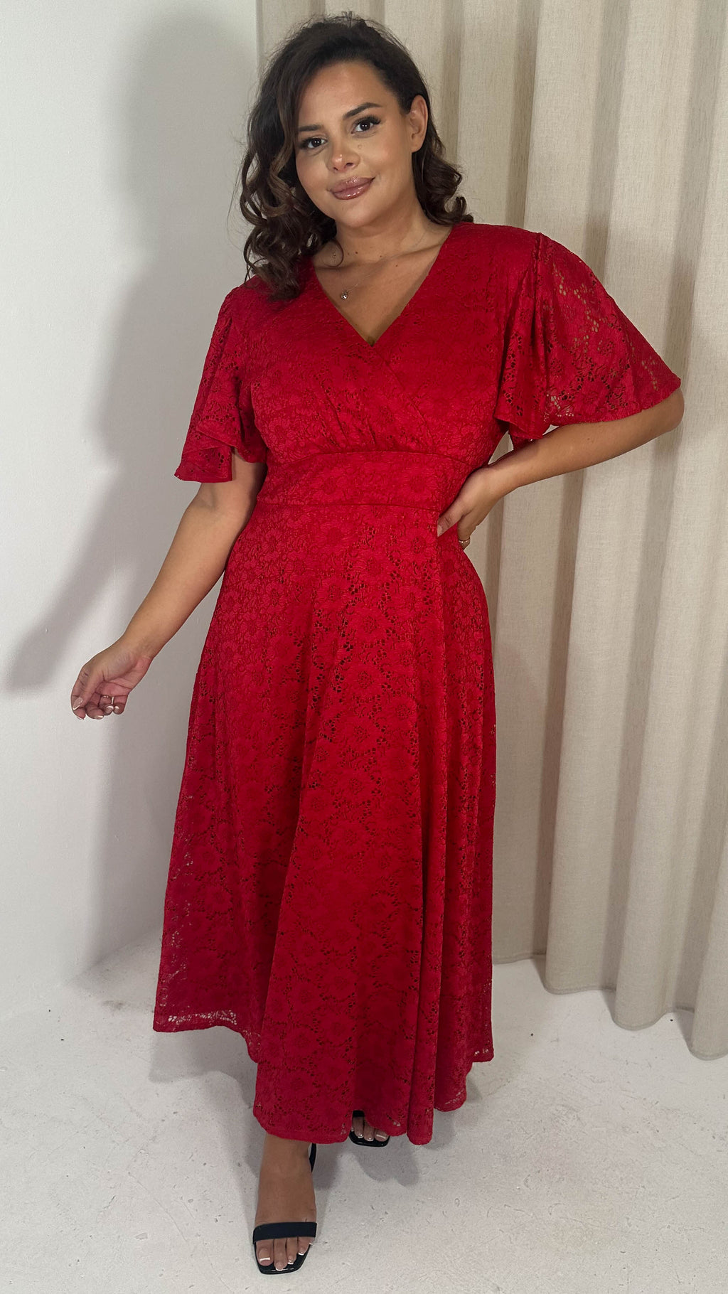 CurveWow Lace Angel Sleeve Maxi Dress Red