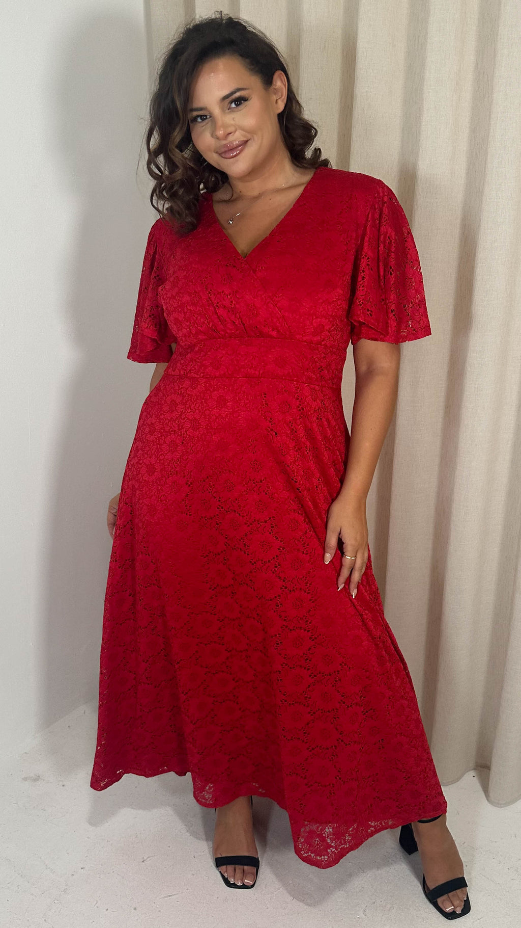 CurveWow Lace Angel Sleeve Maxi Dress Red