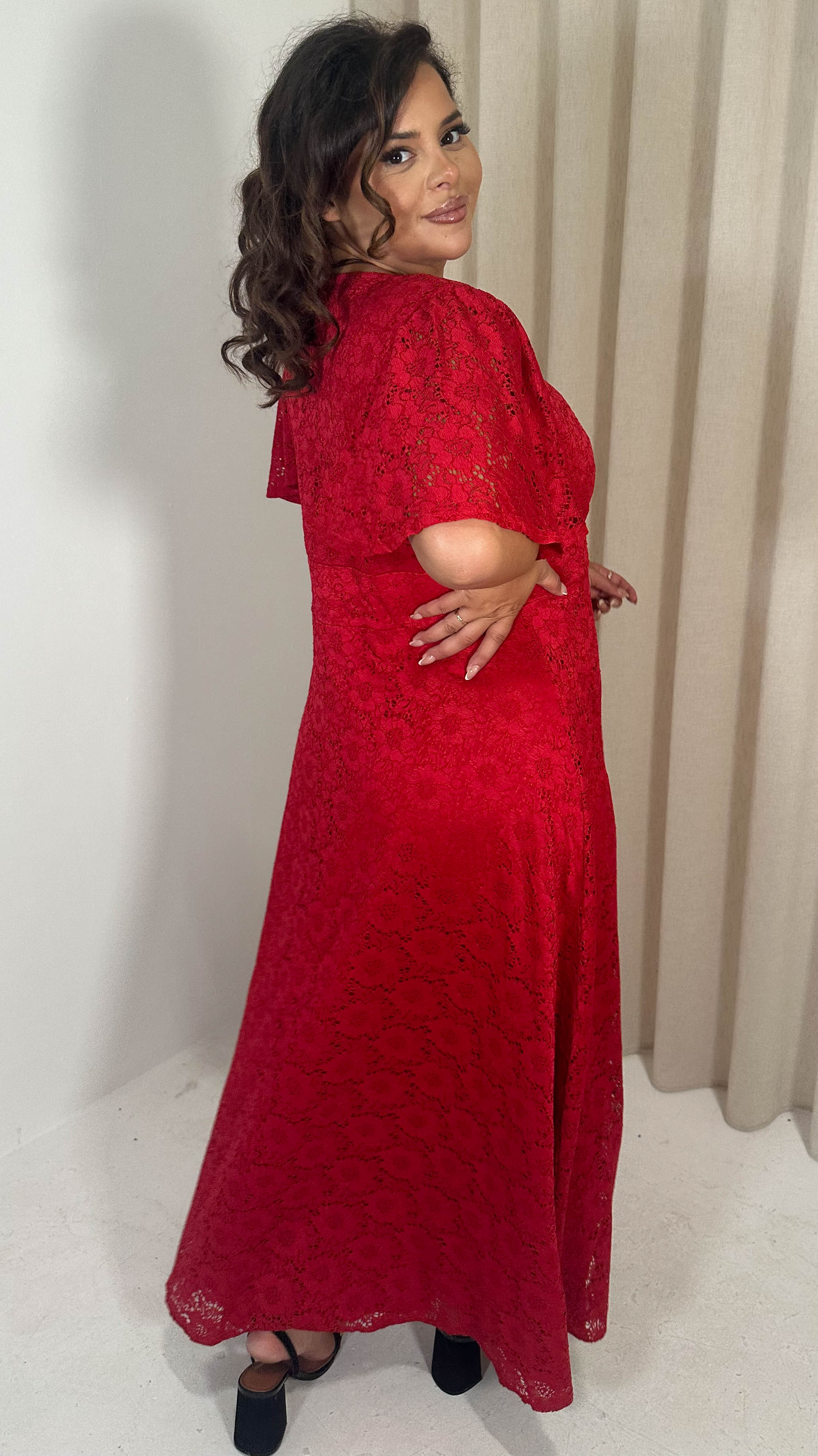 CurveWow Lace Angel Sleeve Maxi Dress Red