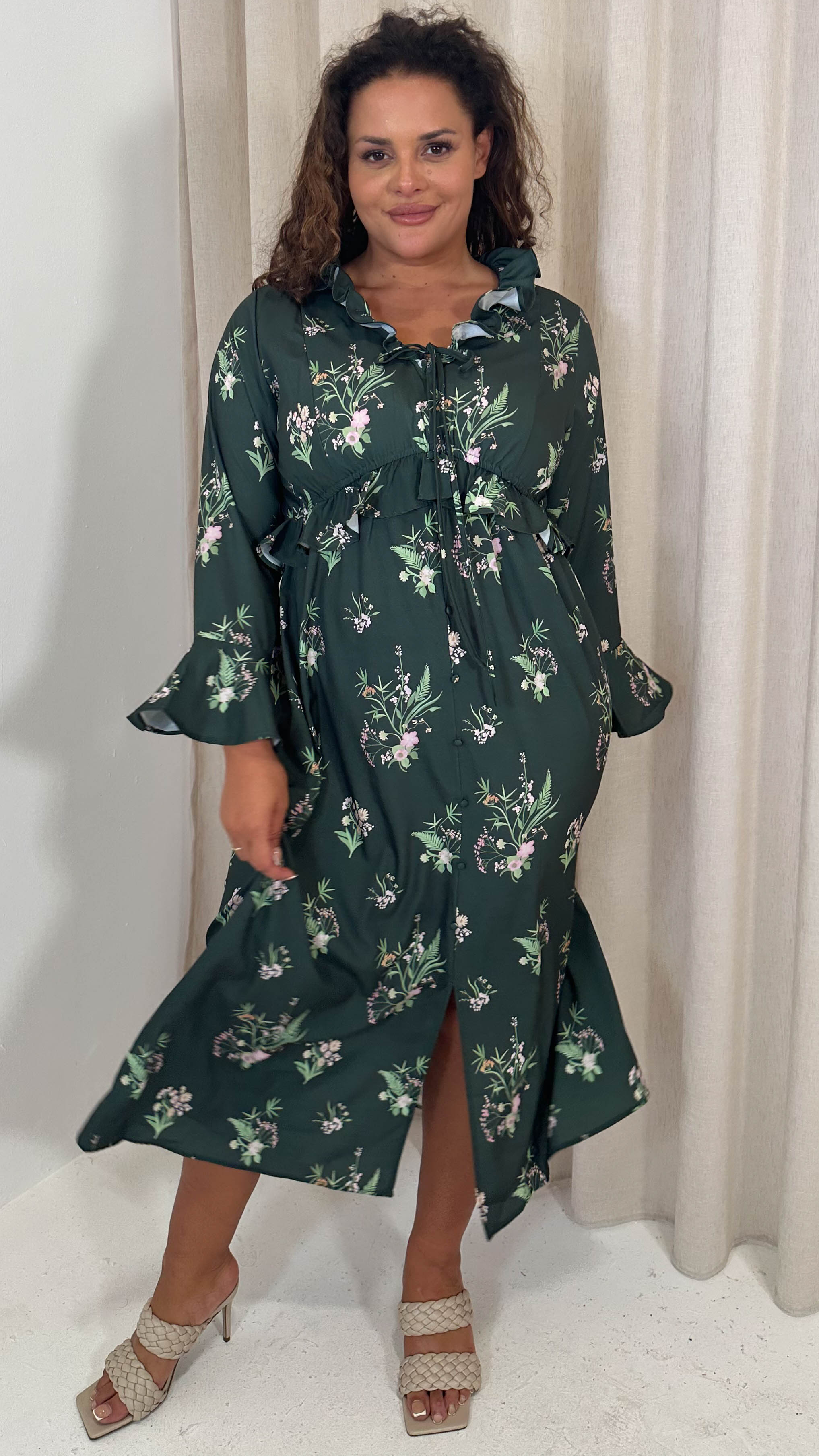 CurveWow Ruffle Button Front Flare Sleeve Midi Dress Green Floral