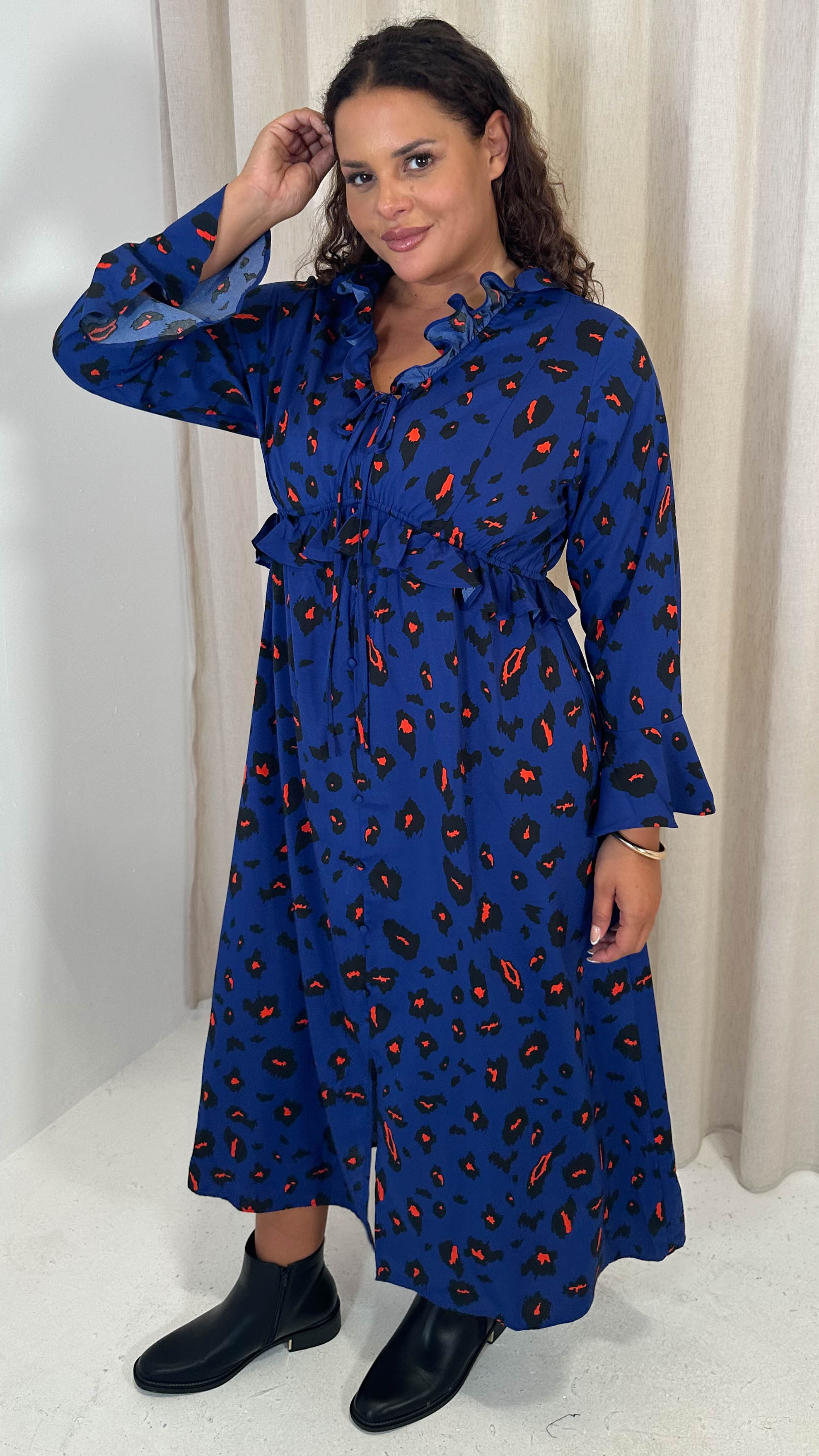 CurveWow Ruffle Button Front Flare Sleeve Midi Dress Blue Animal