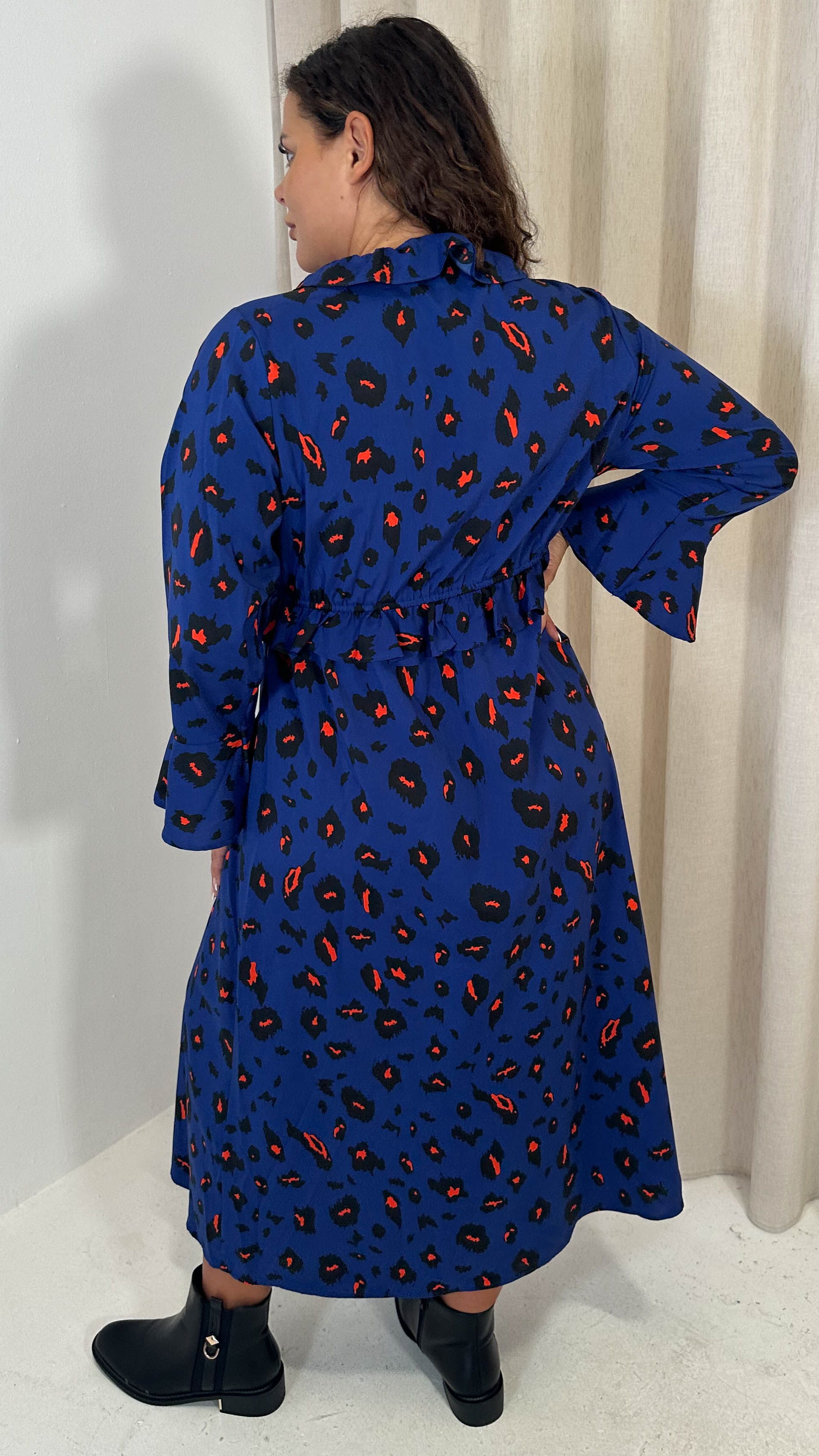 CurveWow Ruffle Button Front Flare Sleeve Midi Dress Blue Animal