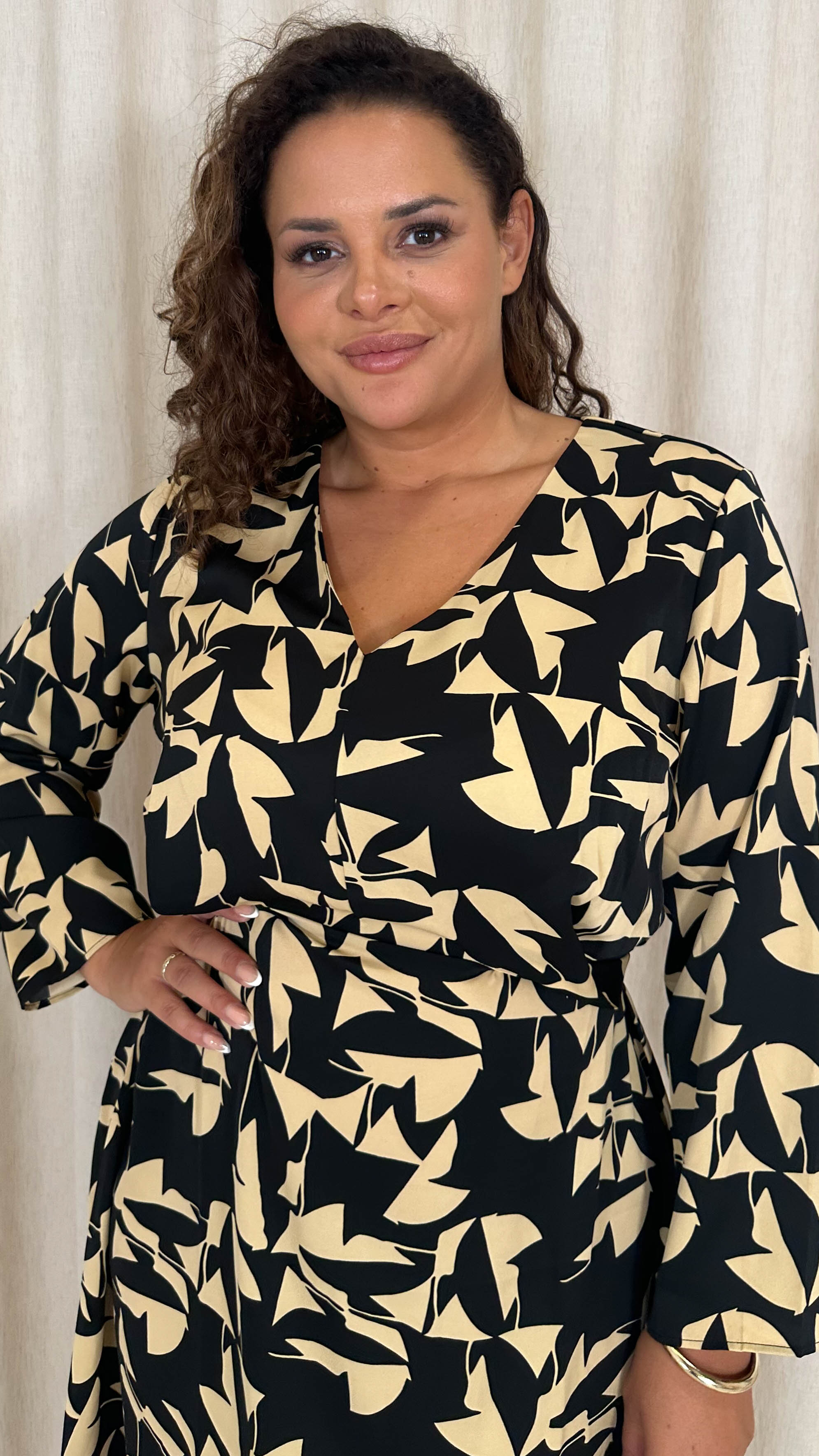 CurveWow V Neck Midi Dress Black Base Abstract