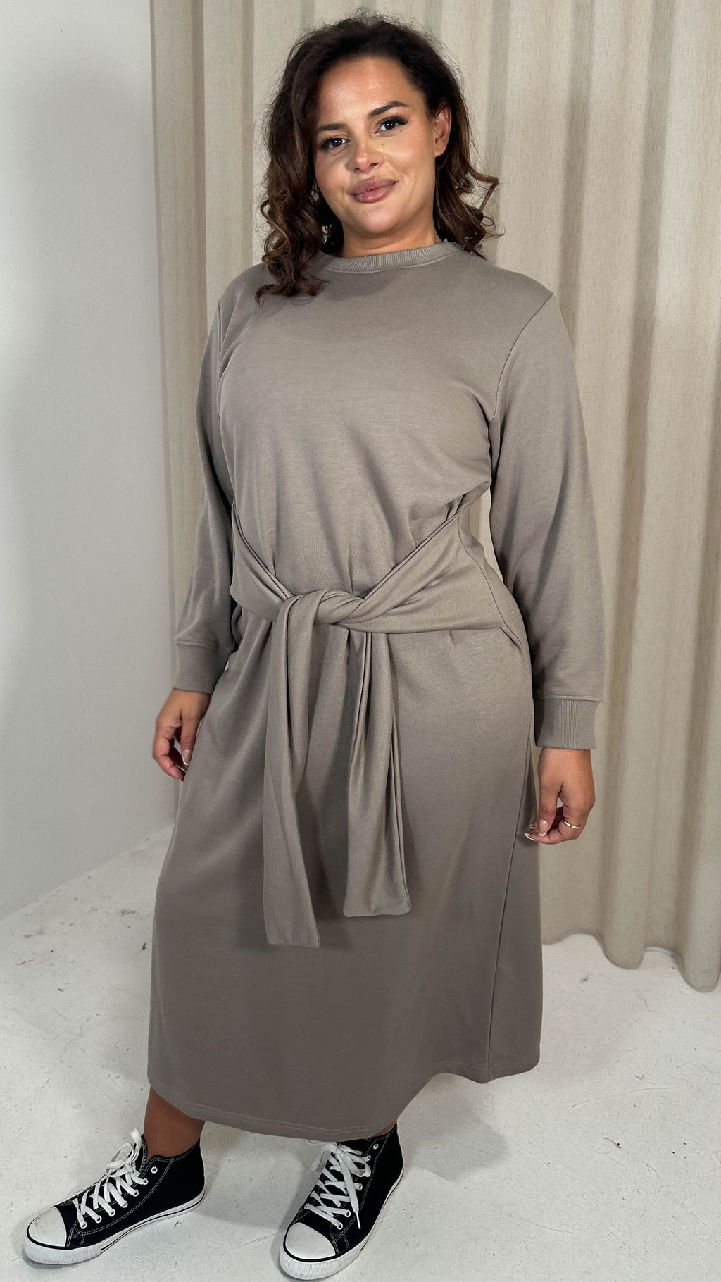 CurveWow Midi Jumper Dress With Tie Waist Beige