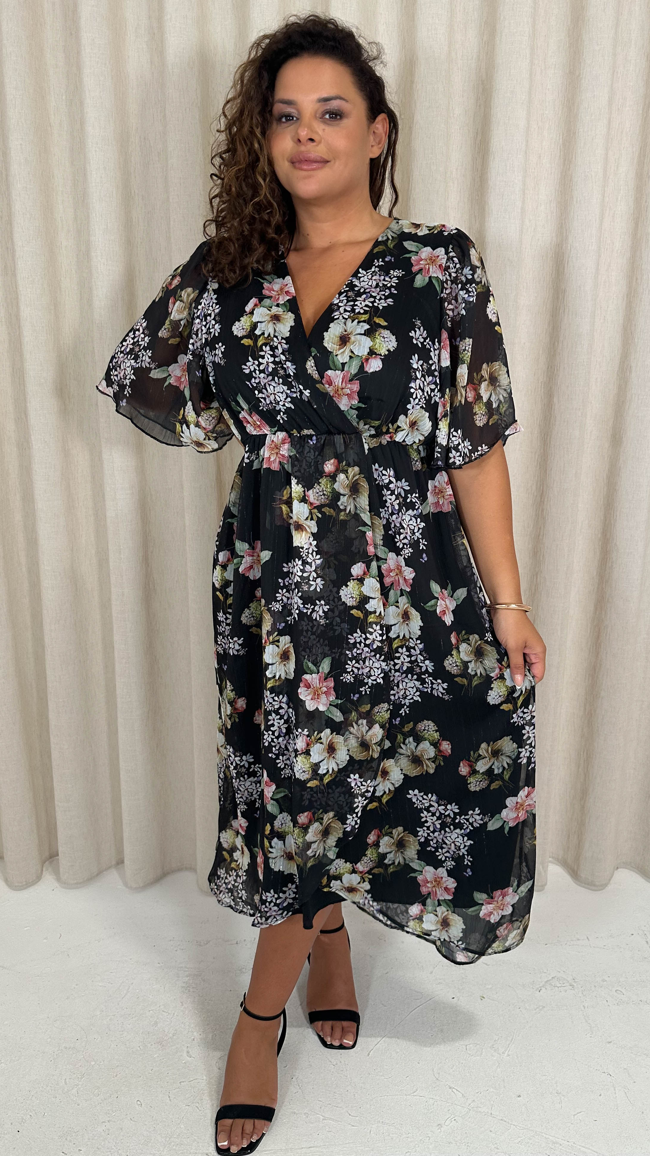 CurveWow Angel Sleeve Wrap Midi Dress Black Floral