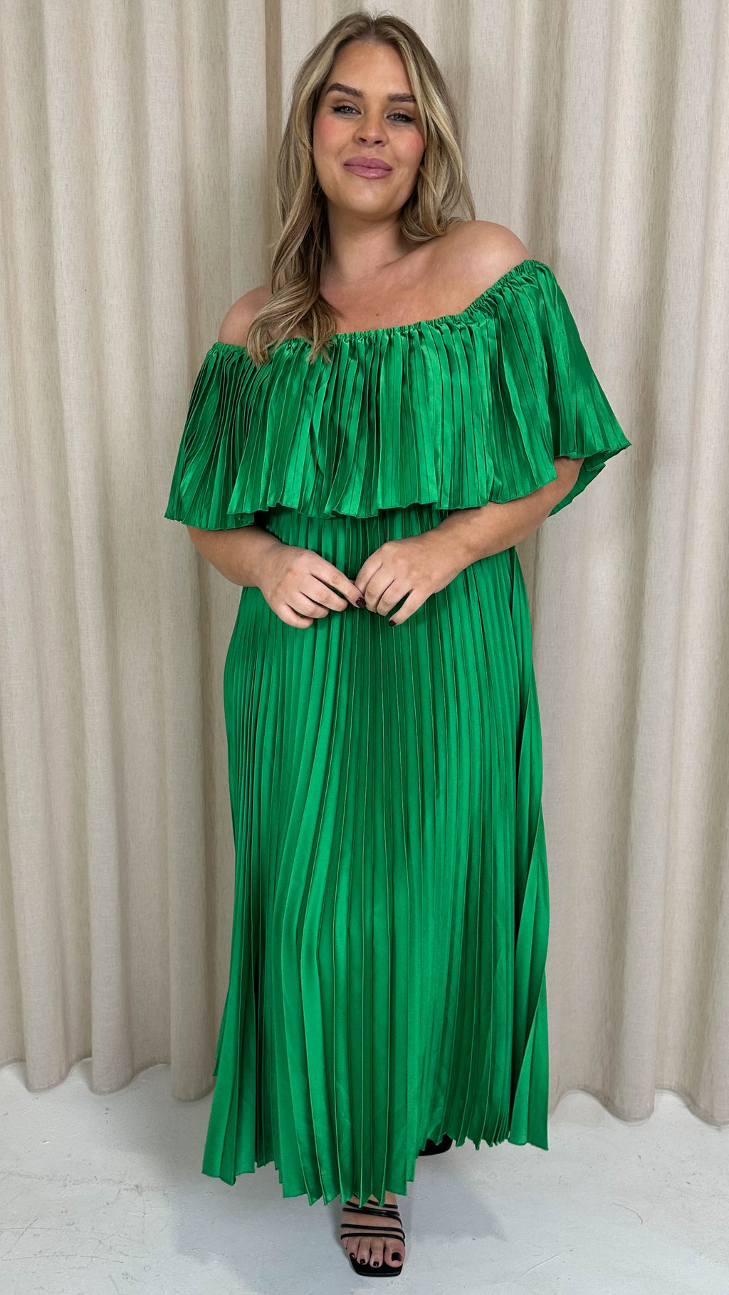 CurveWow Pleated Bardot Maxi Dress Emerald Green