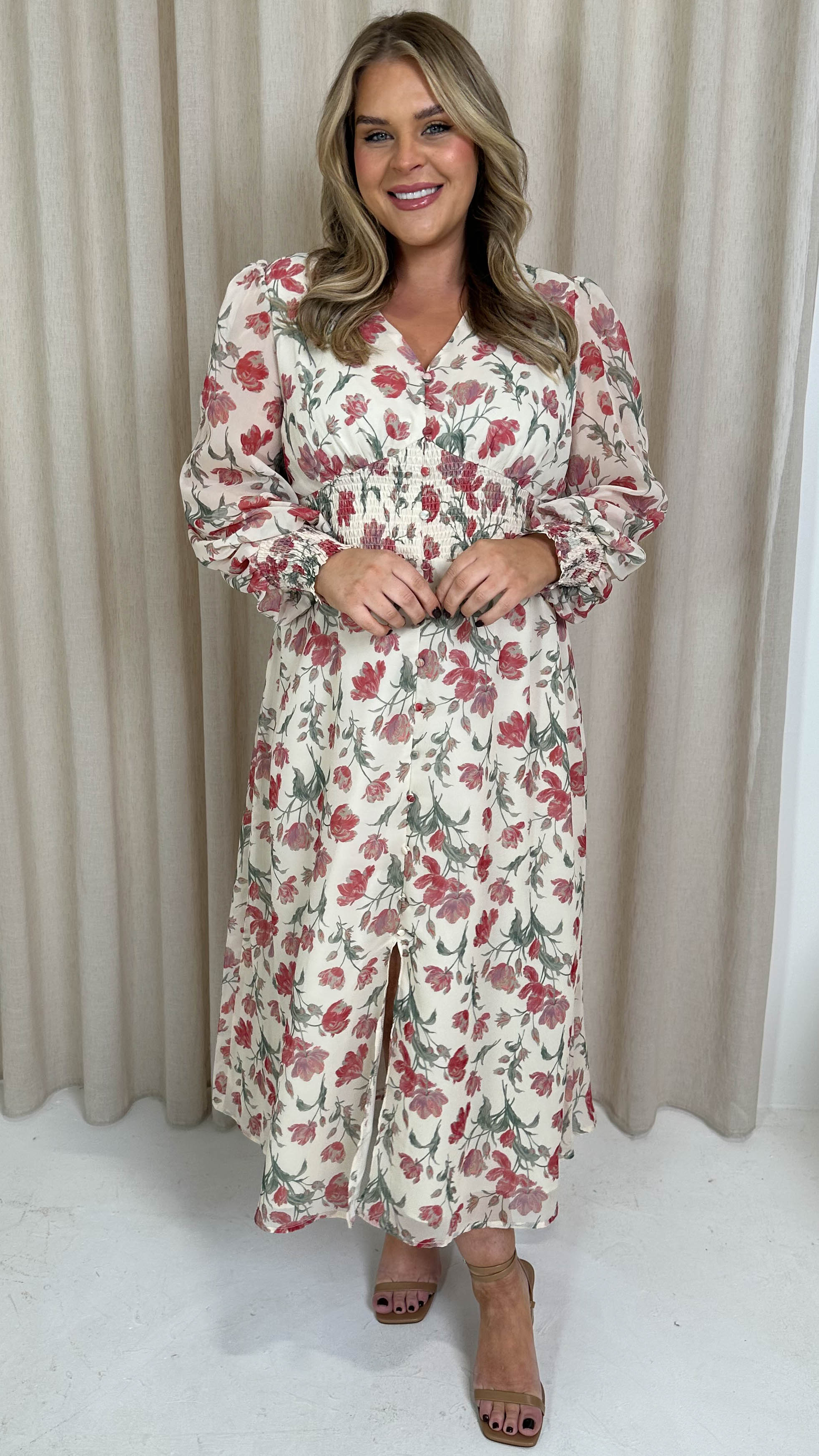 CurveWow Button Front Maxi Dress Ivory Floral