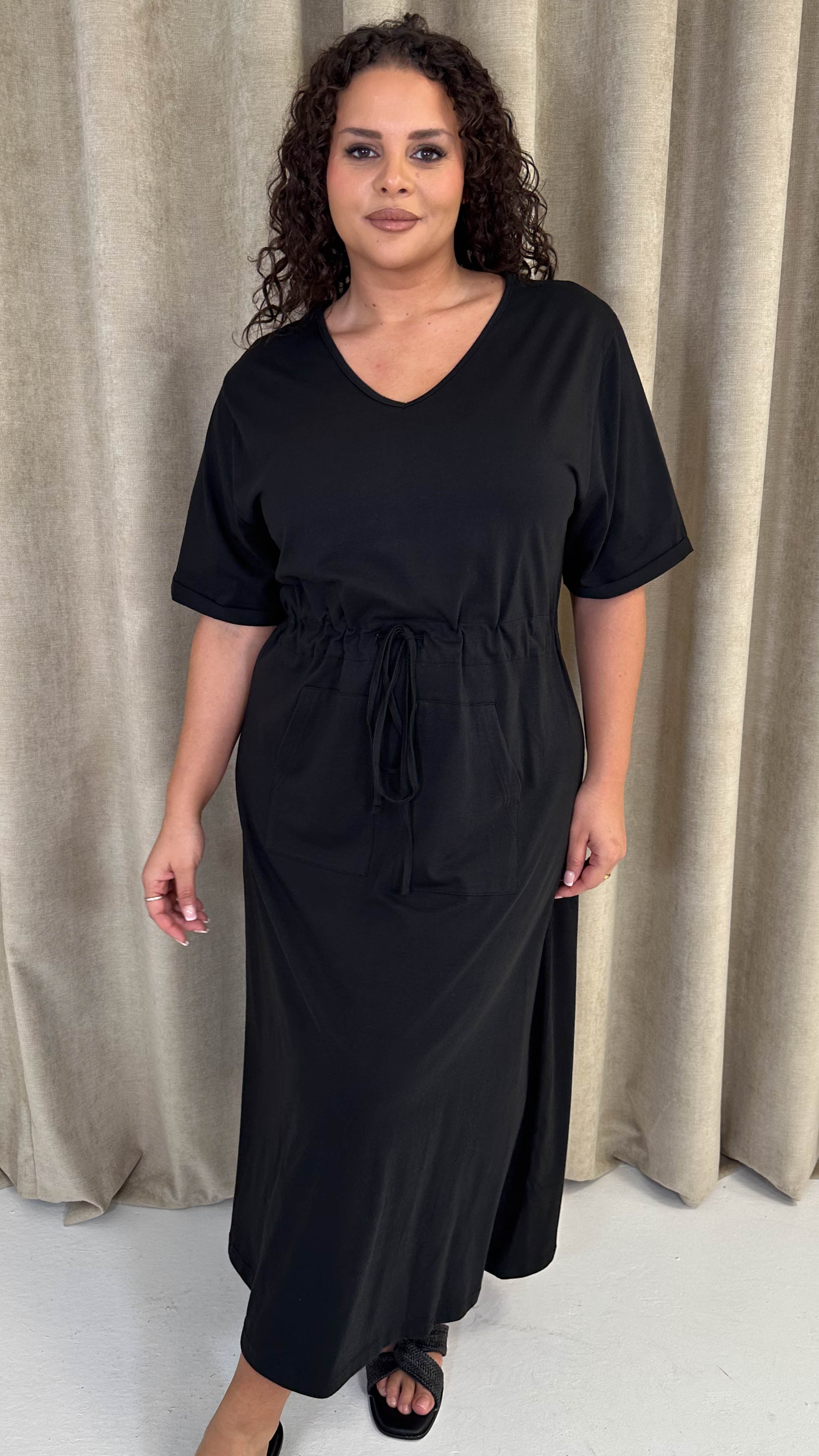 CurveWow Maxi T-Shirt Dress With Drawstring Black