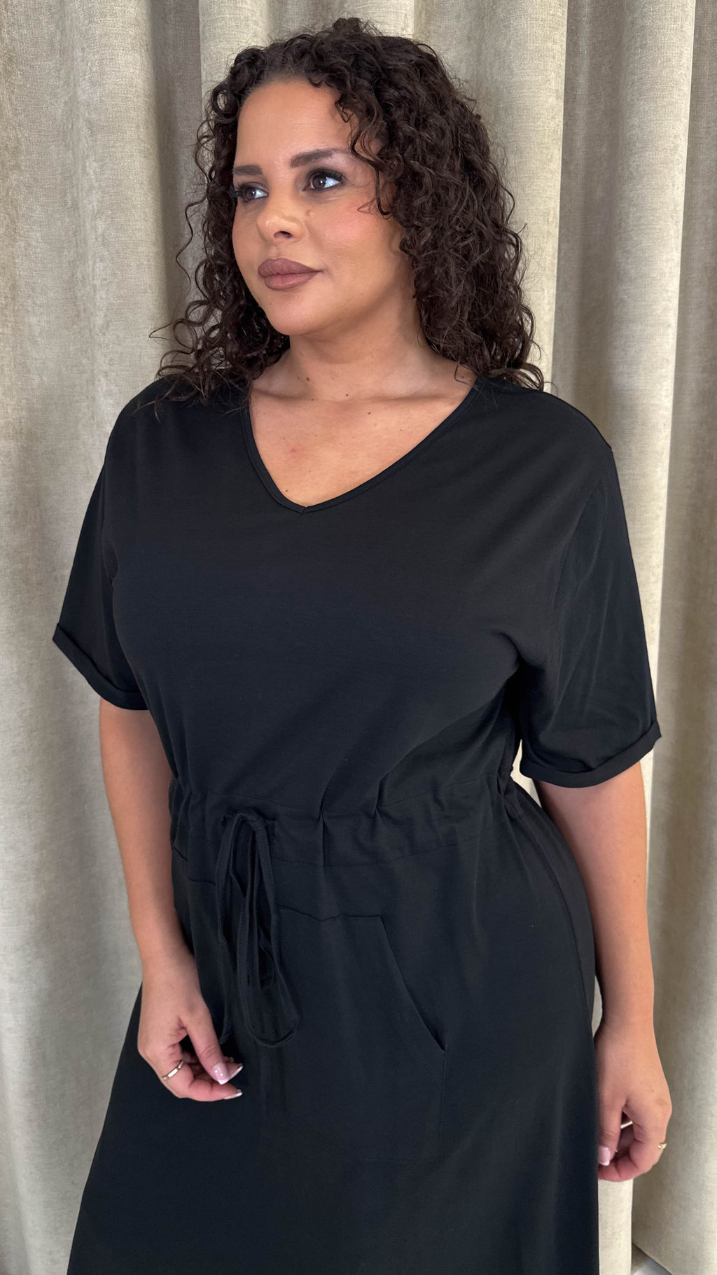 CurveWow Maxi T-Shirt Dress With Drawstring Black