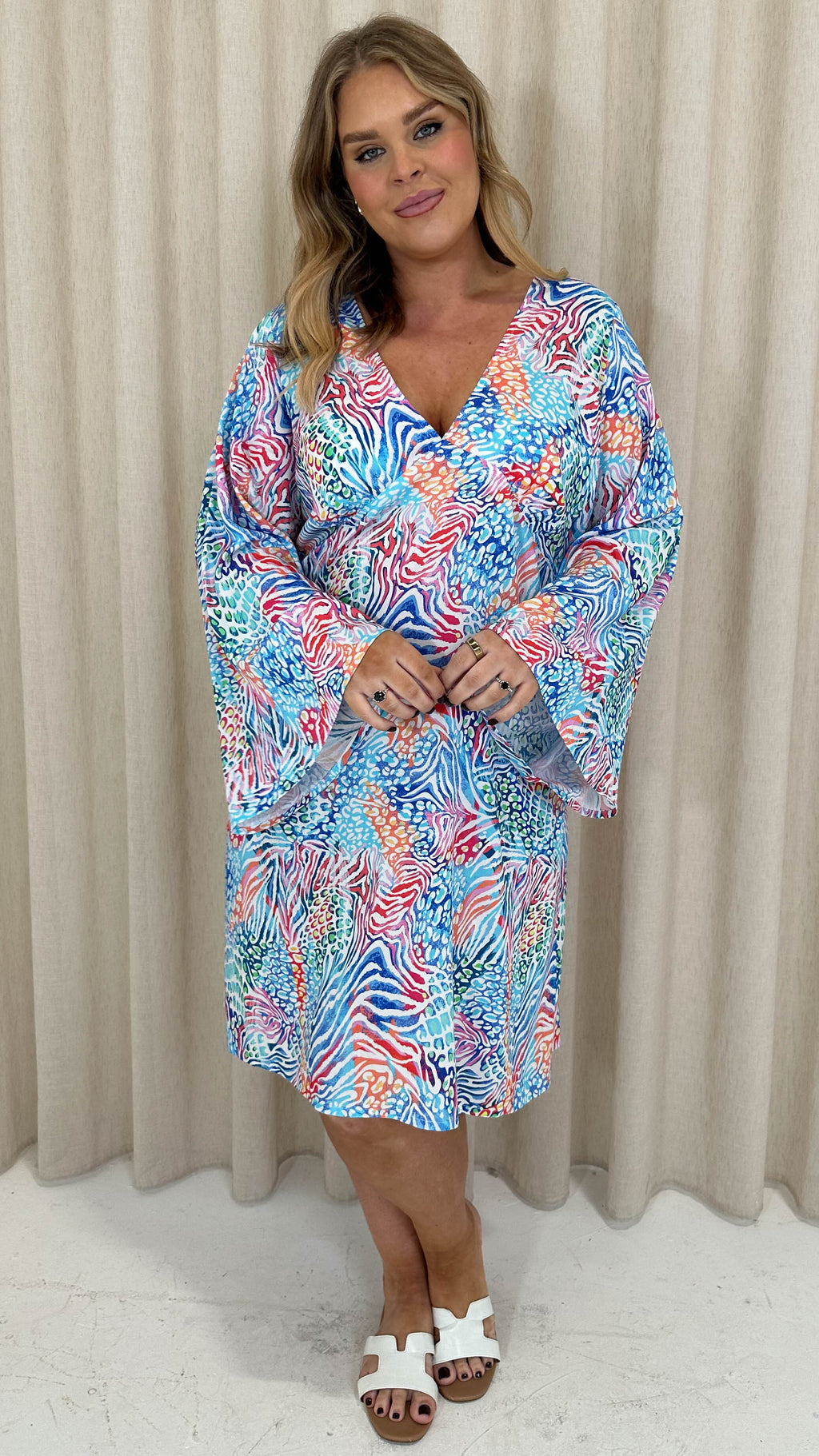 CurveWow V Neck Long Angel Sleeve Mini Dress Mixed Animal