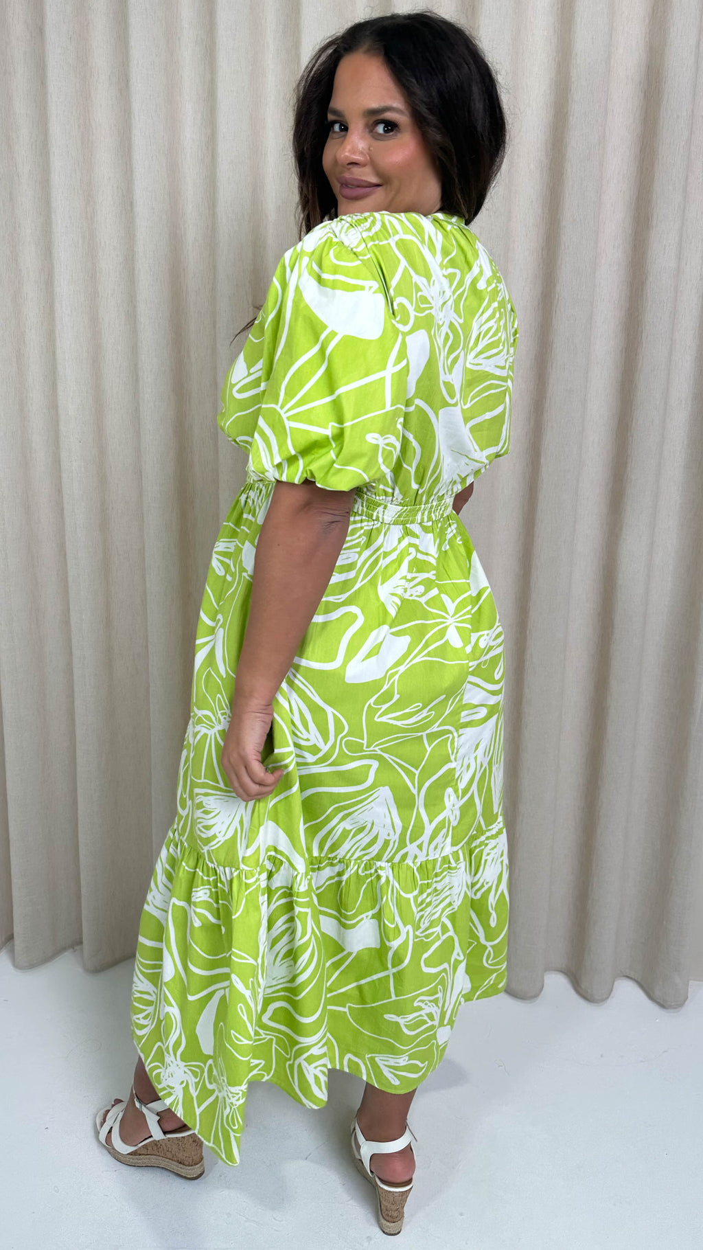CurveWow Puff Sleeve Vneck Maxi  Dress Lime Abstract