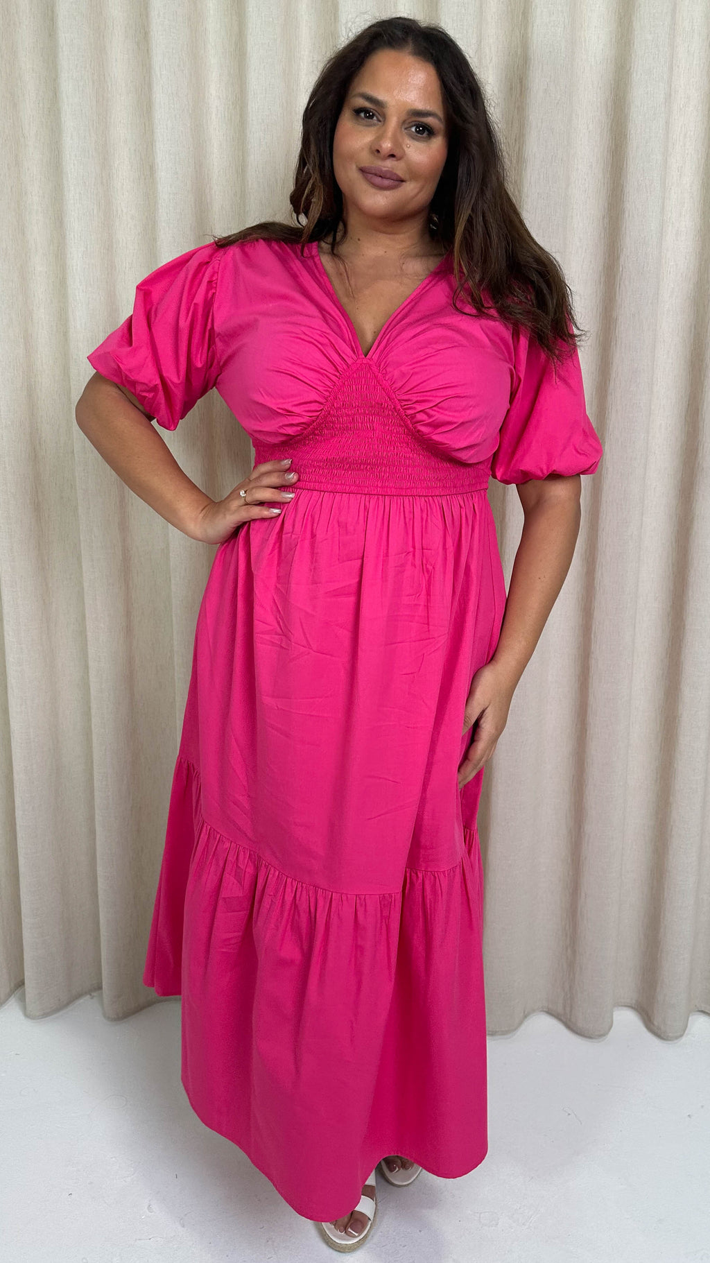 CurveWow Puff Sleeve Vneck Maxi Dress Fuchsia
