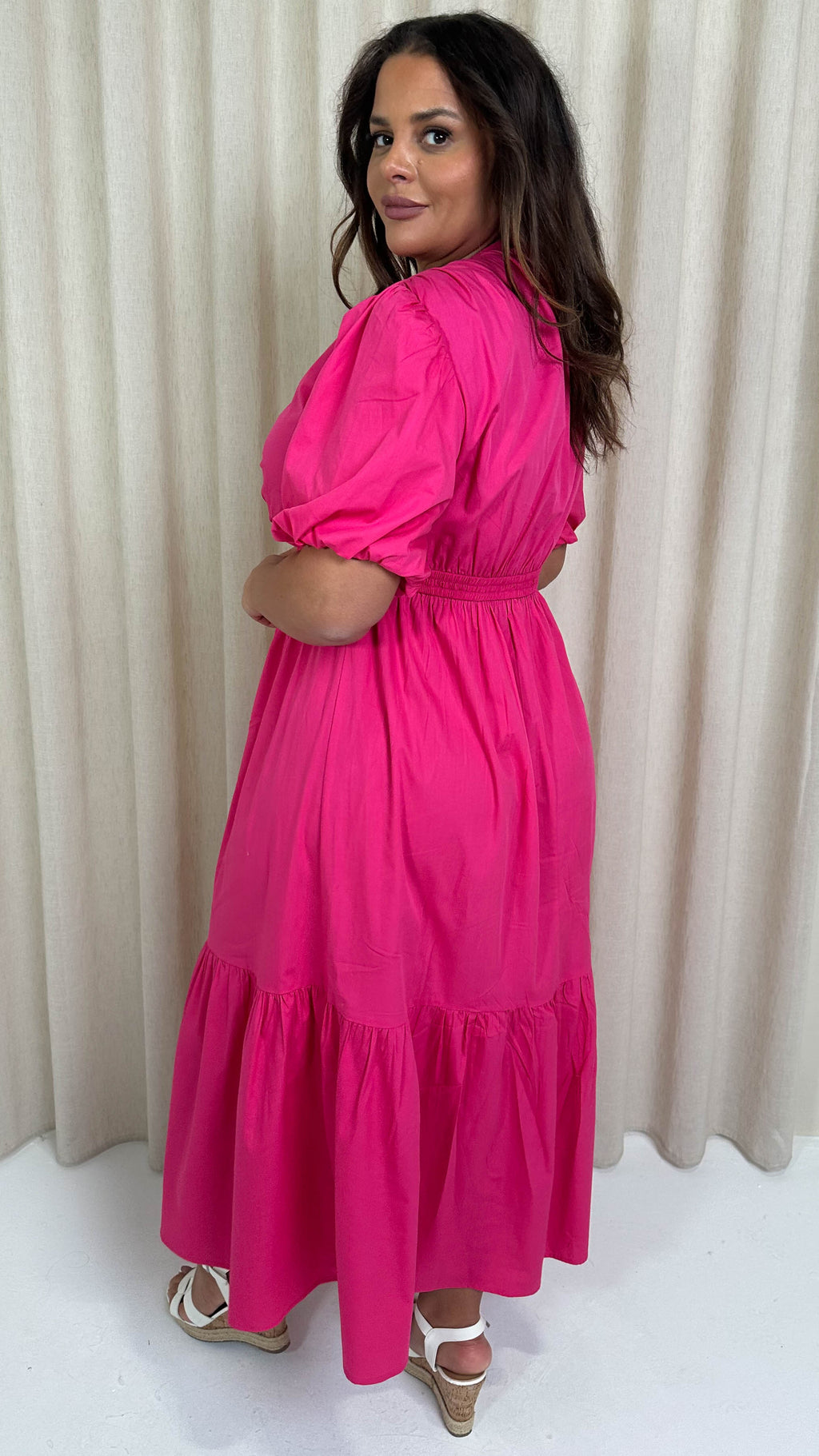 CurveWow Puff Sleeve Vneck Maxi Dress Fuchsia