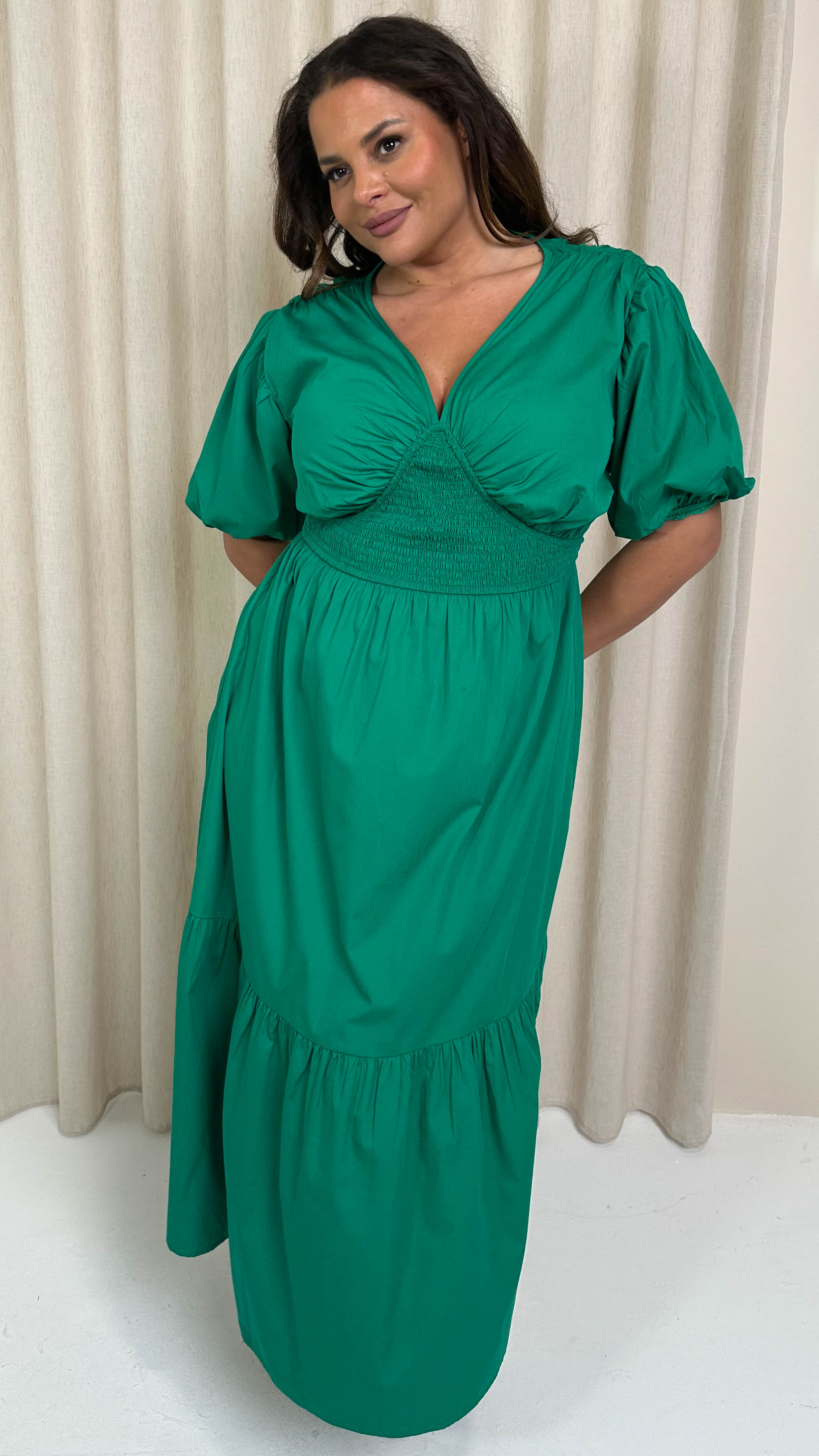 CurveWow Puff Sleeve Vneck Maxi Dress Emerald